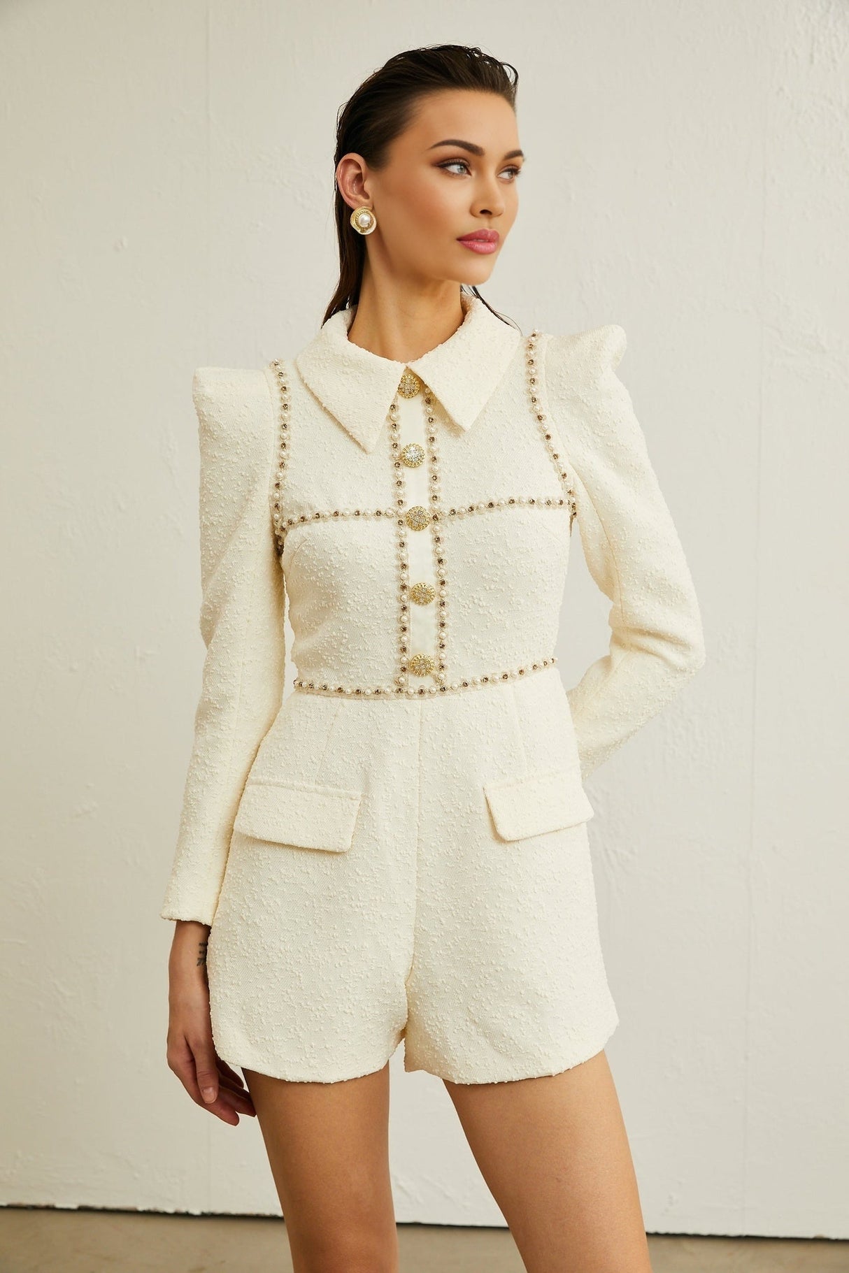 Georgia Bodysuit - Tweed - Faux - Pearl Embellishment - Pointed Shoulder Detail - Decorative Buttons