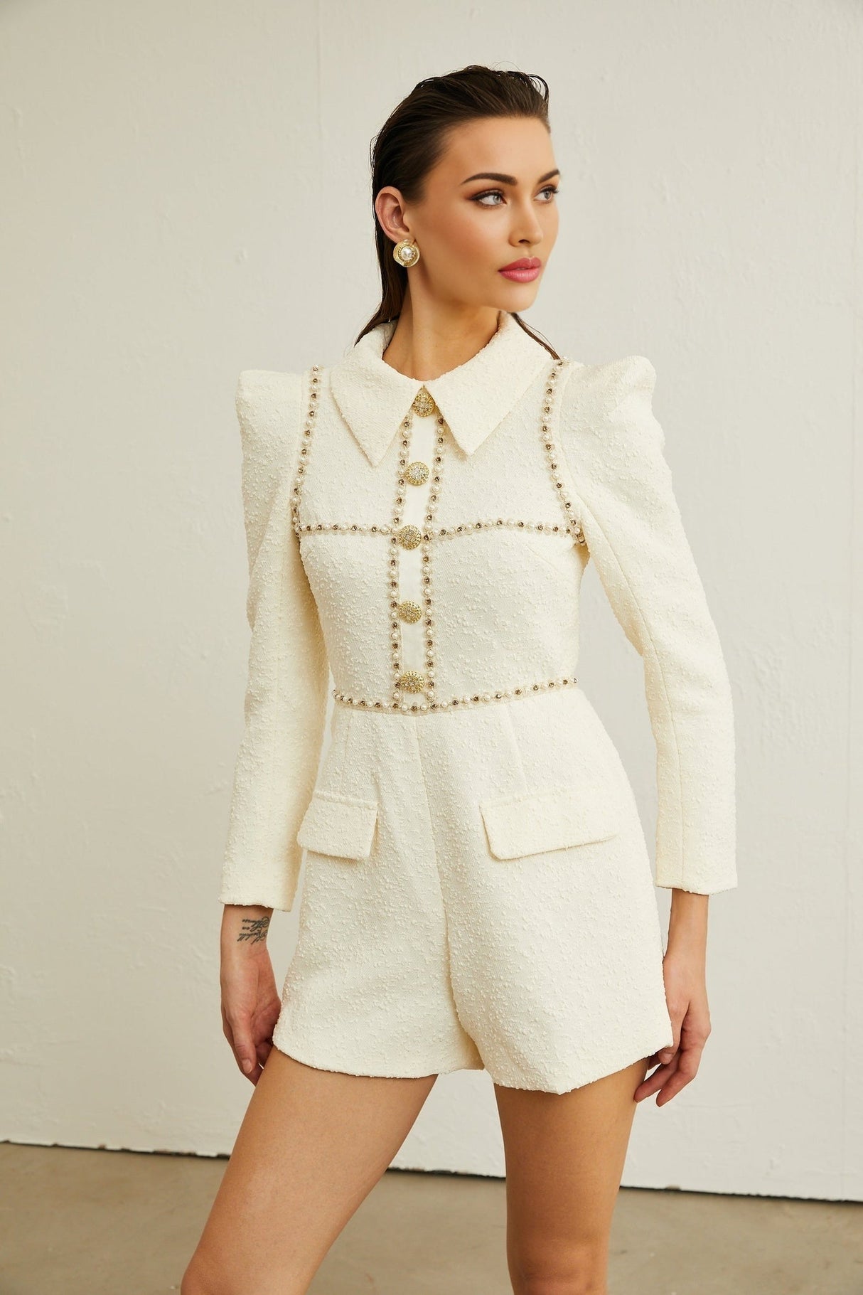 Georgia Bodysuit - Tweed - Faux - Pearl Embellishment - Pointed Shoulder Detail - Decorative Buttons