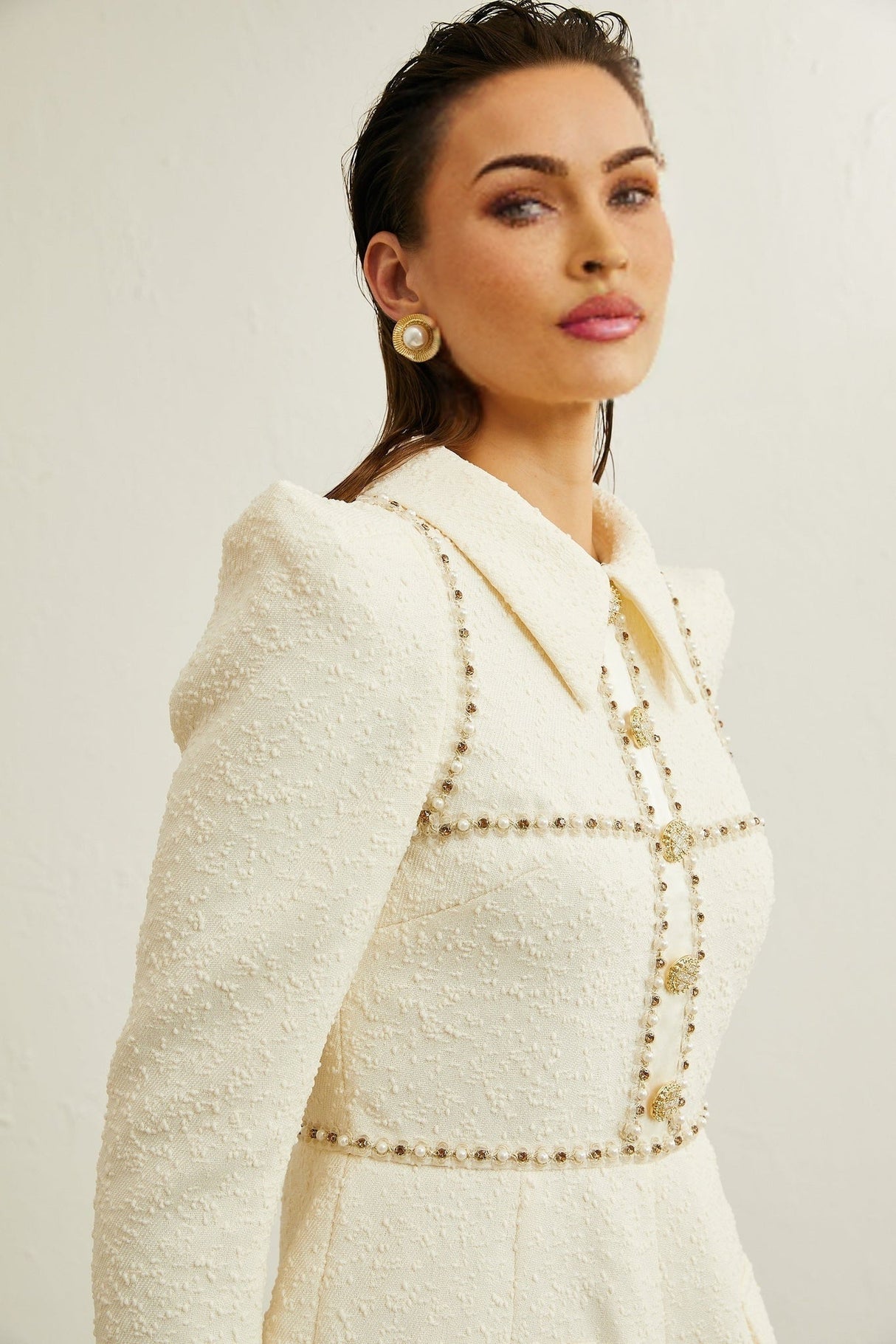 Georgia Bodysuit - Tweed - Faux - Pearl Embellishment - Pointed Shoulder Detail - Decorative Buttons