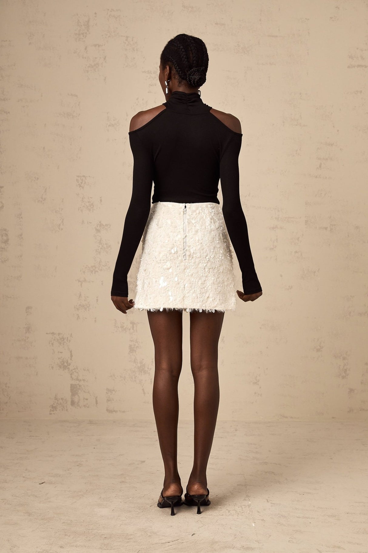 Georgia Tweed Mini Skirt - Fringe Trim - Sequin Accents - Zip Back - Straight Hem