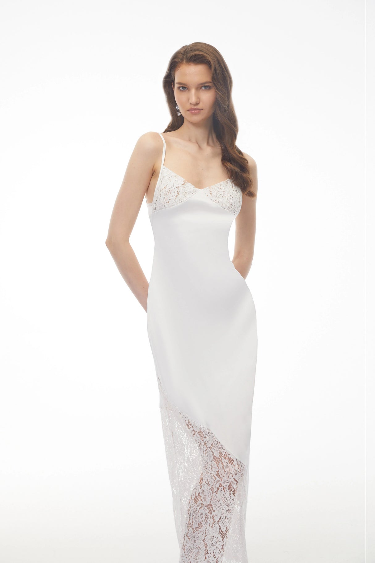 Georgia White Vneck Floral Lace Satin Panelled Maxi Dress