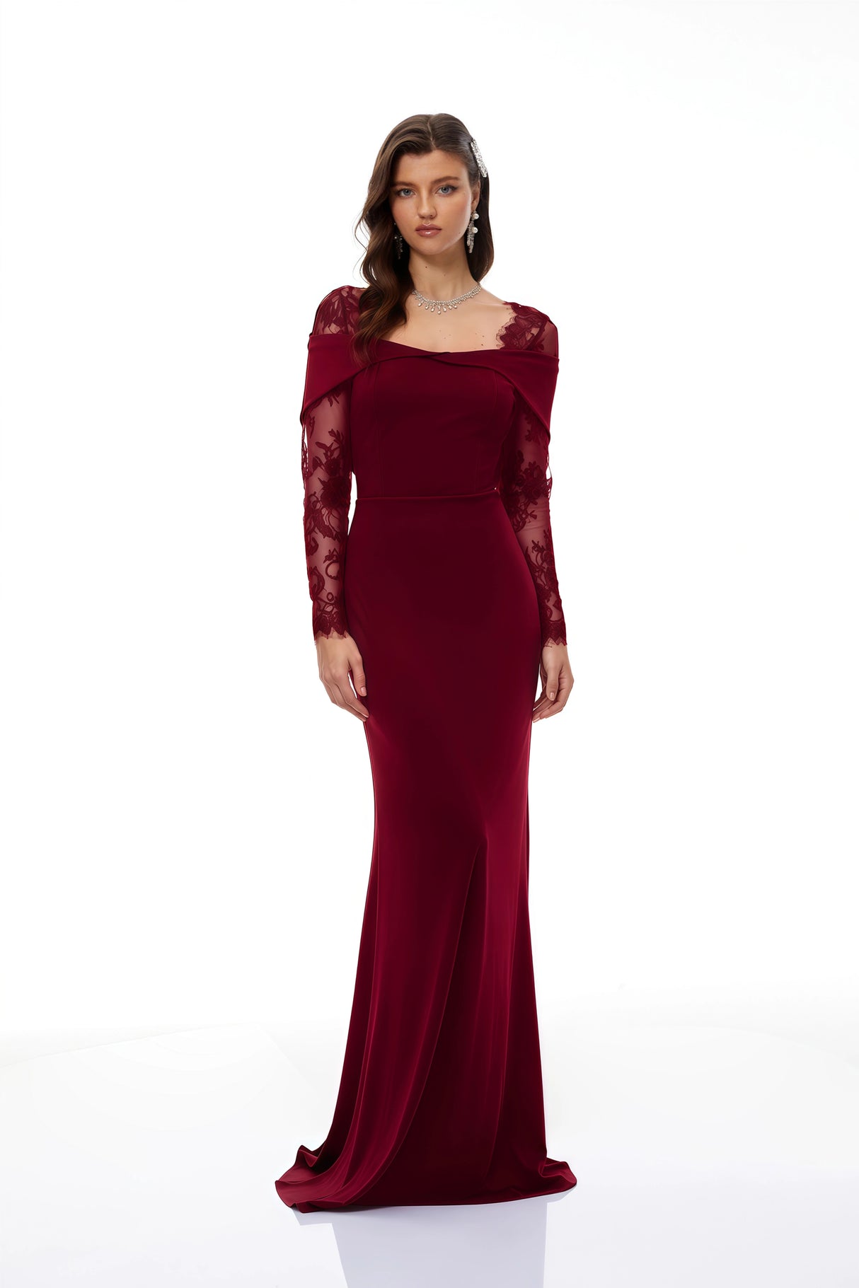 Georgiana Burgundy Lace Panel Flared Maxi Gown