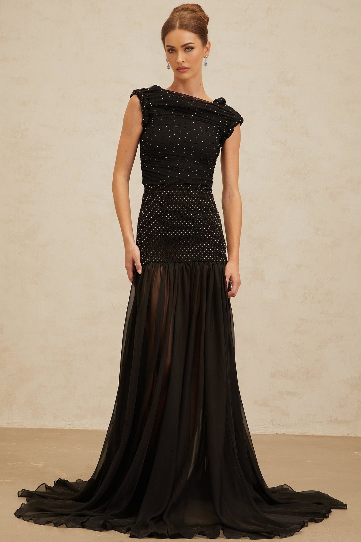 Geraldina Crop Top - Bateau Neck - Rhinestone Embellishment - Ruched Detailing