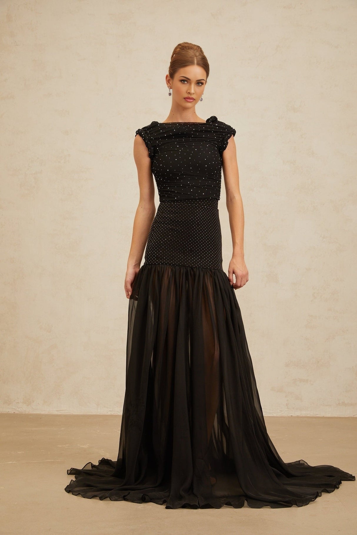 Geraldina Crop Top - Bateau Neck - Rhinestone Embellishment - Ruched Detailing