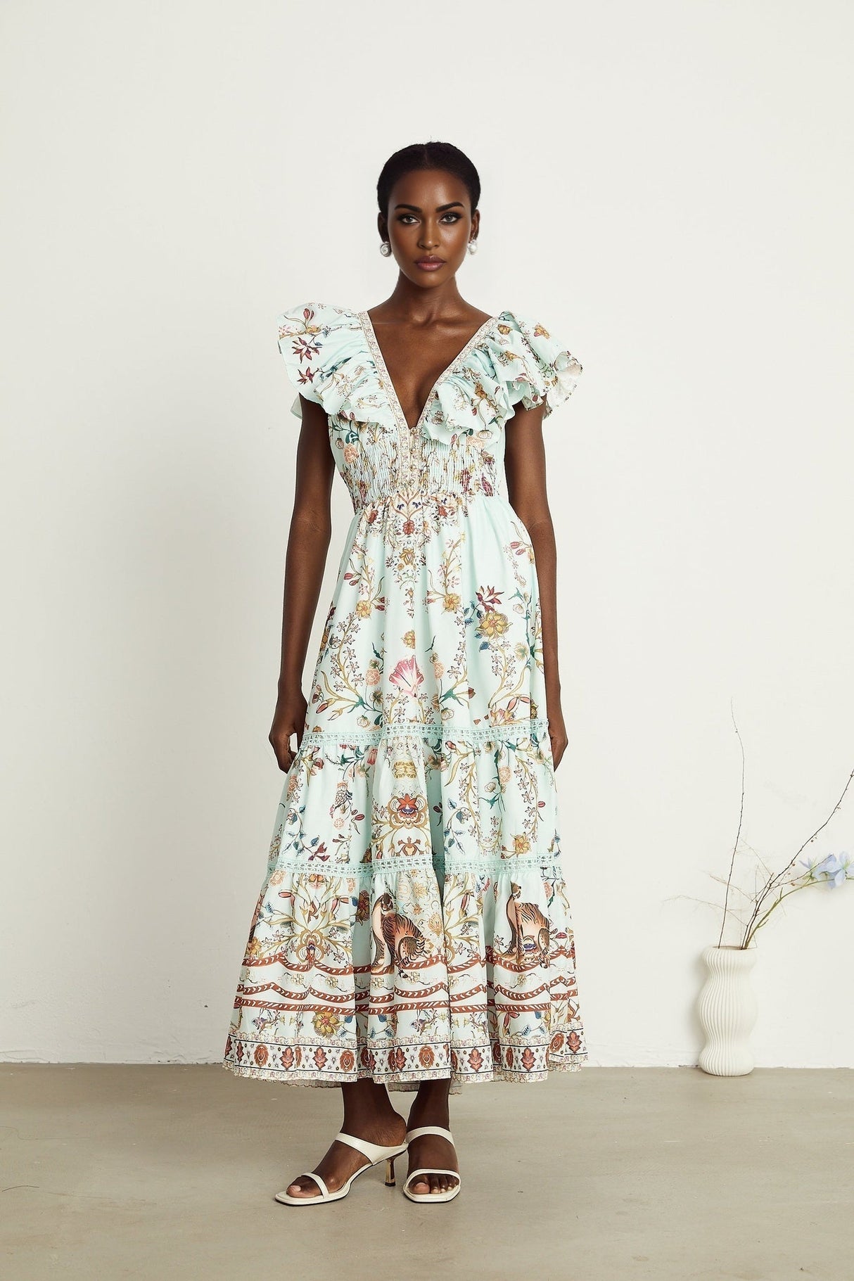 Geraldina Floral Maxi Dress - Plunging V - Neck - Open Back - Ruffled Detailing - Front Button and Self - Tie Fastening