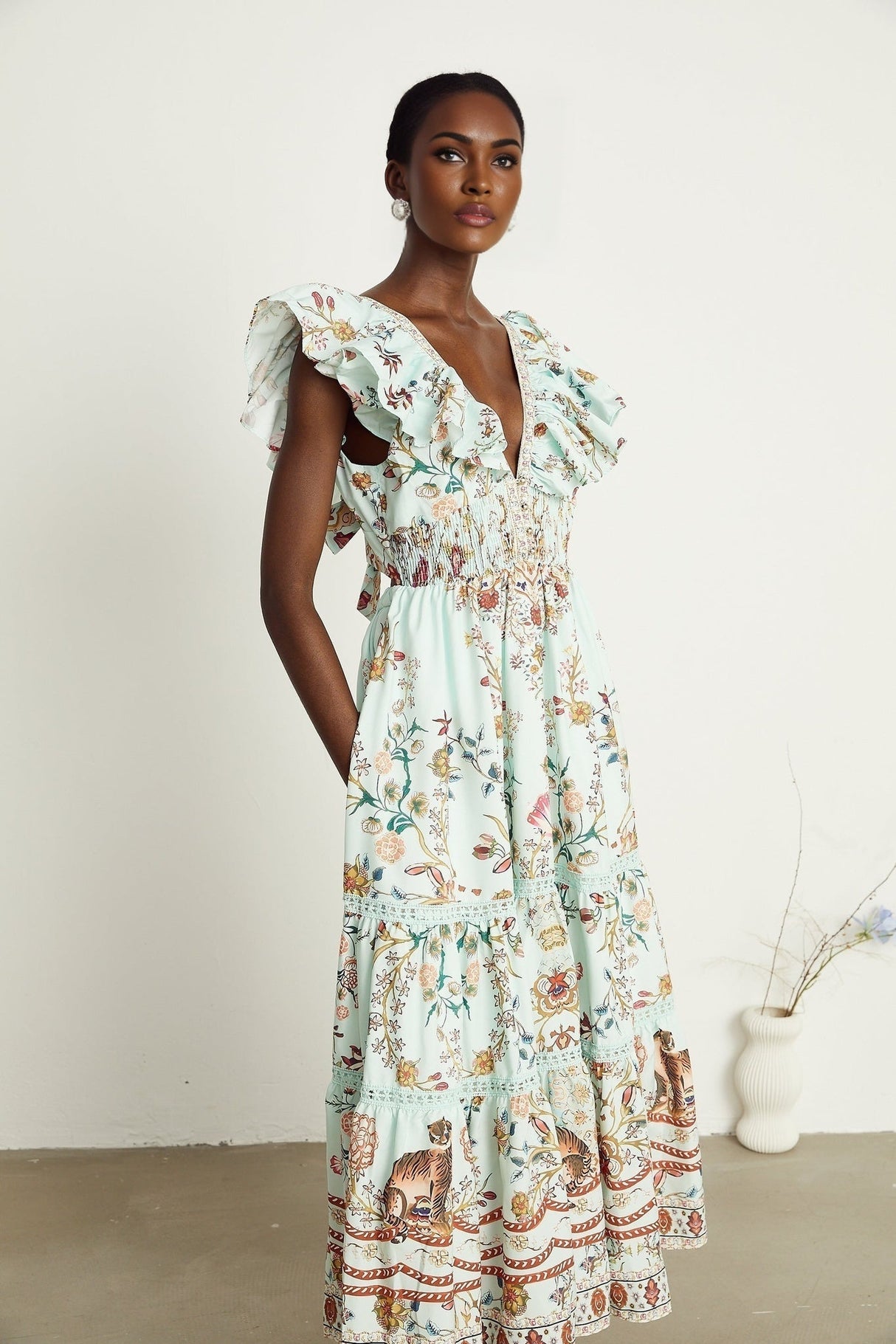 Geraldina Floral Maxi Dress - Plunging V - Neck - Open Back - Ruffled Detailing - Front Button and Self - Tie Fastening