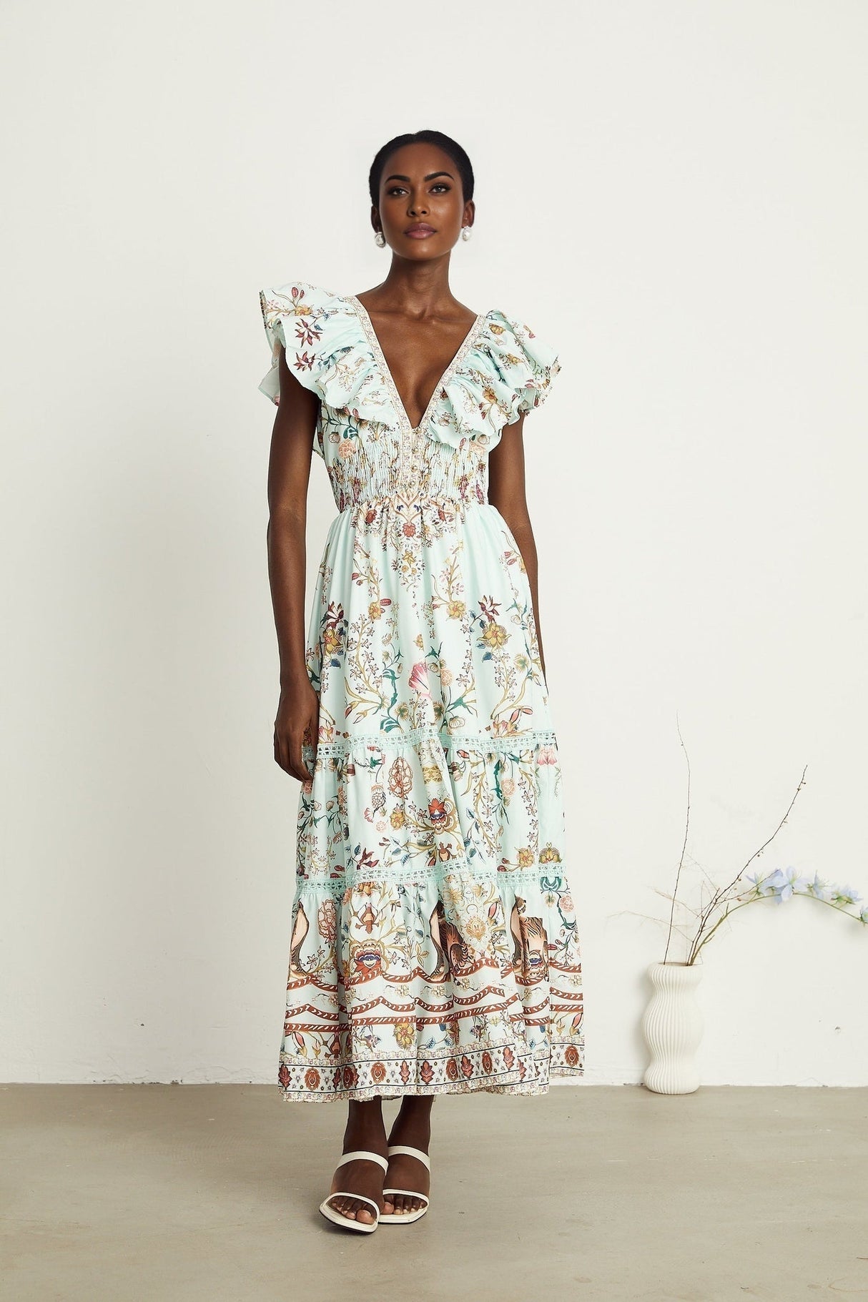 Geraldina Floral Maxi Dress - Plunging V - Neck - Open Back - Ruffled Detailing - Front Button and Self - Tie Fastening