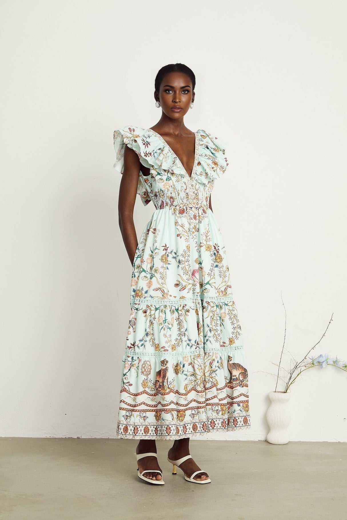 Geraldina Floral Maxi Dress - Plunging V - Neck - Open Back - Ruffled Detailing - Front Button and Self - Tie Fastening