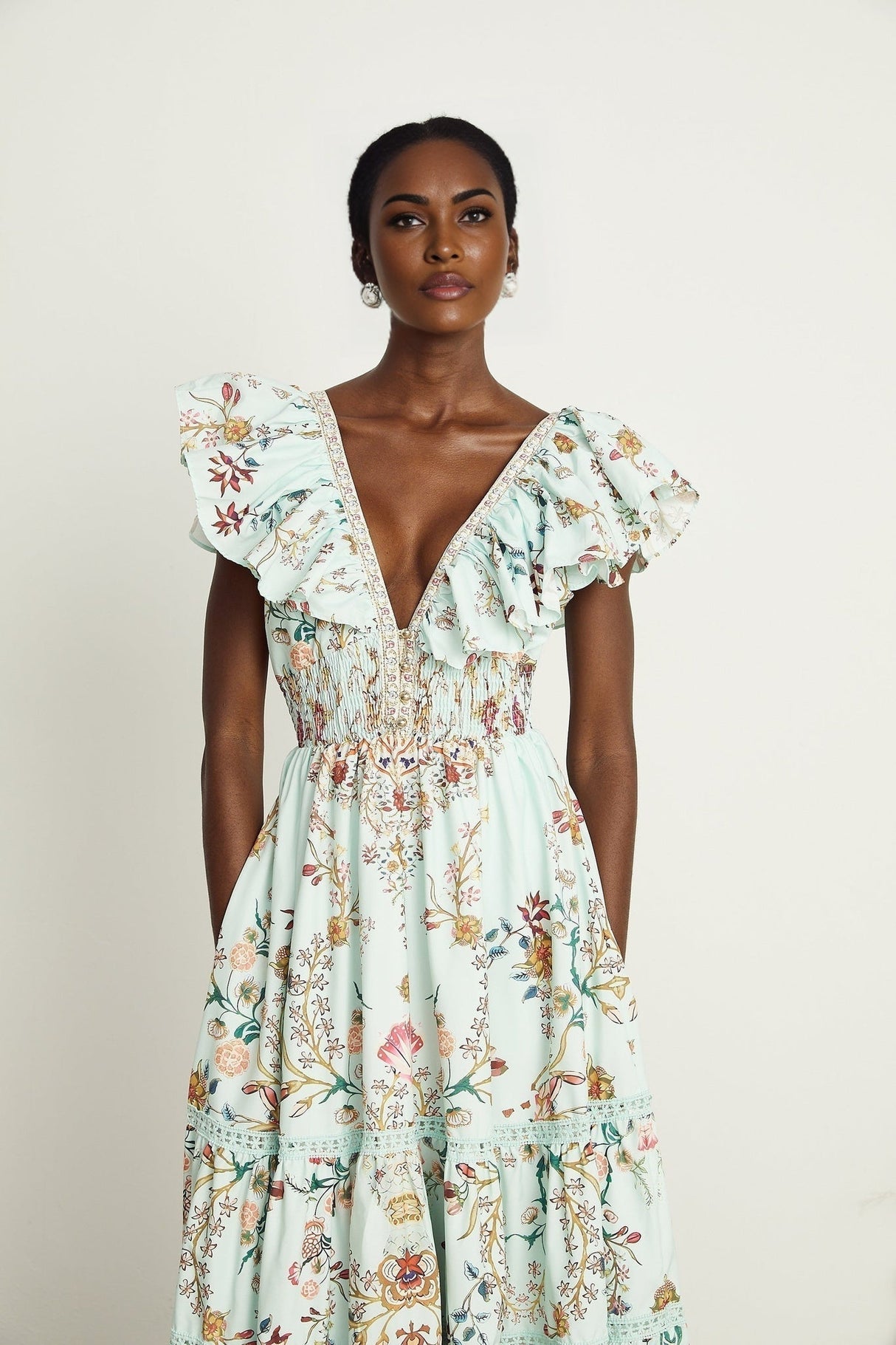 Geraldina Floral Maxi Dress - Plunging V - Neck - Open Back - Ruffled Detailing - Front Button and Self - Tie Fastening