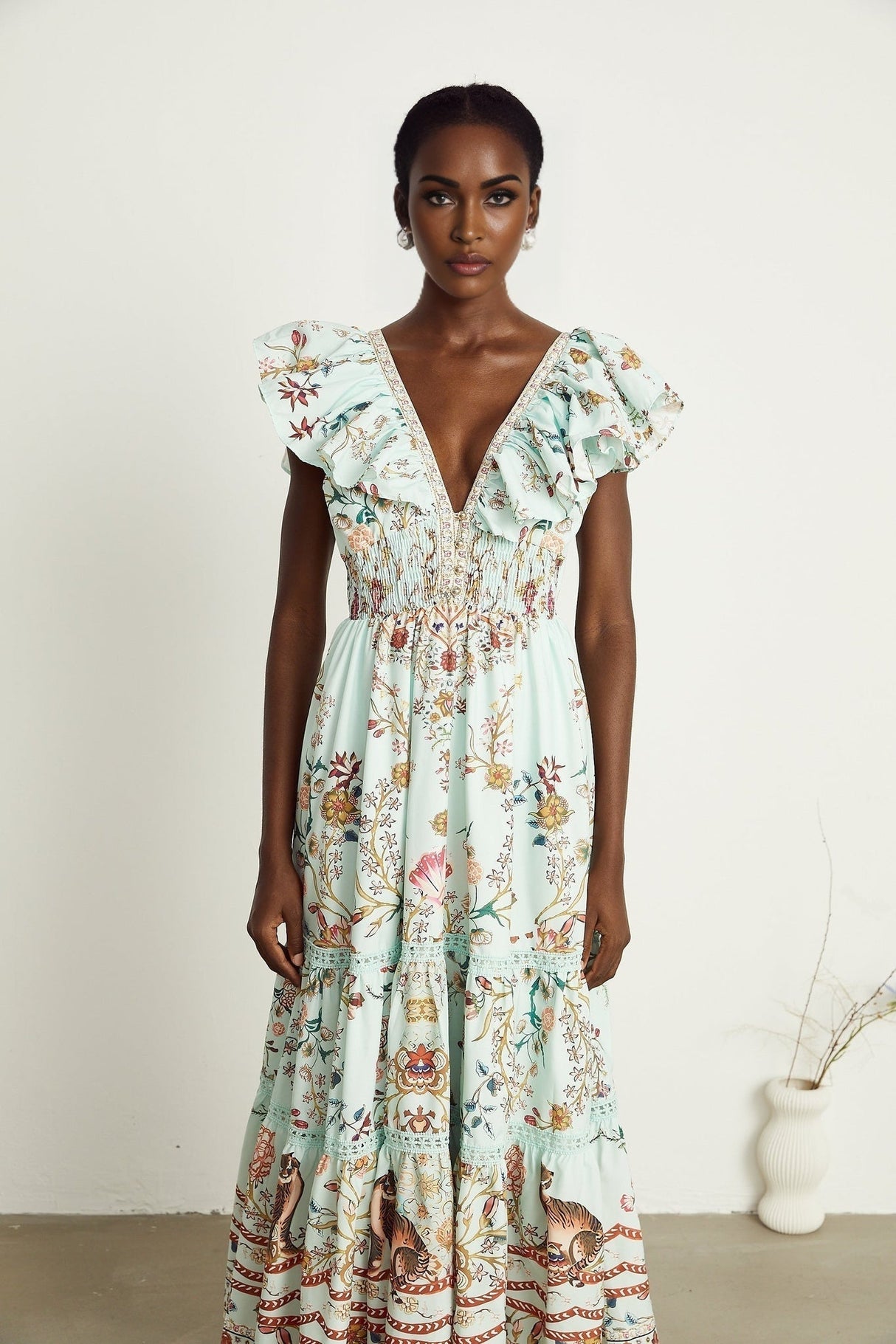 Geraldina Floral Maxi Dress - Plunging V - Neck - Open Back - Ruffled Detailing - Front Button and Self - Tie Fastening