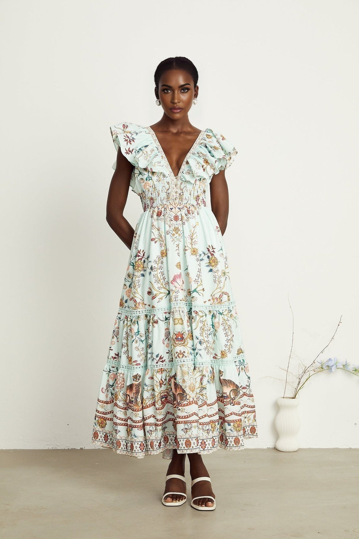 Geraldina Floral Maxi Dress - Plunging V - Neck - Open Back - Ruffled Detailing - Front Button and Self - Tie Fastening