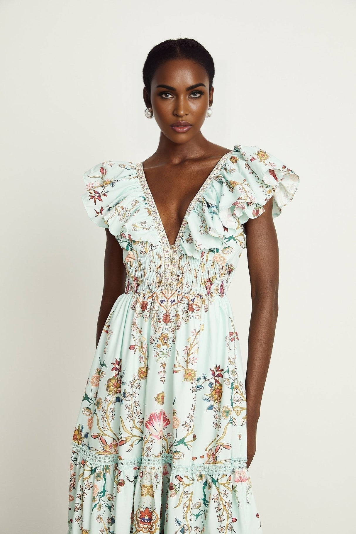 Geraldina Floral Maxi Dress - Plunging V - Neck - Open Back - Ruffled Detailing - Front Button and Self - Tie Fastening
