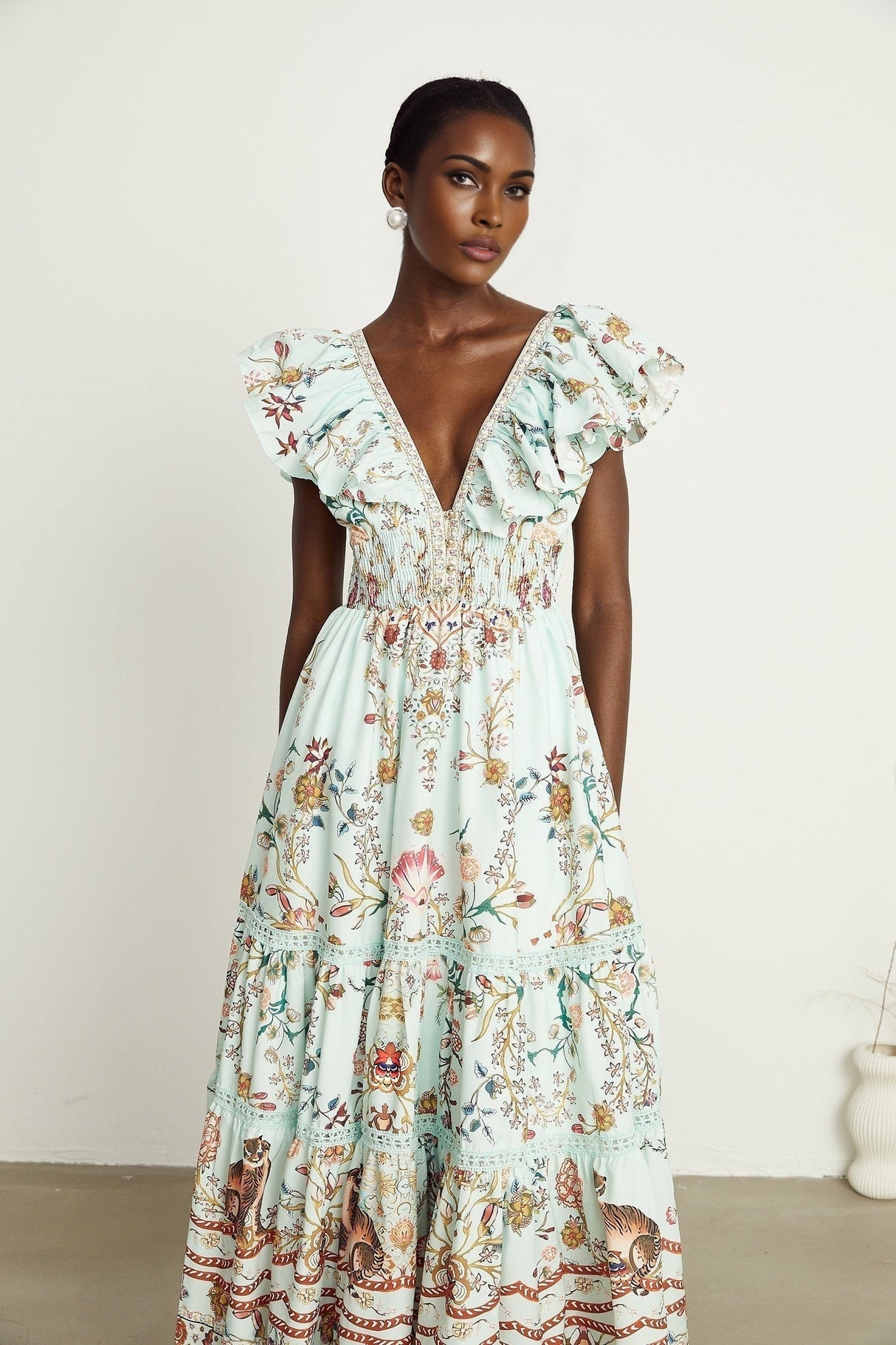 Geraldina Floral Maxi Dress - Plunging V - Neck - Open Back - Ruffled Detailing - Front Button and Self - Tie Fastening
