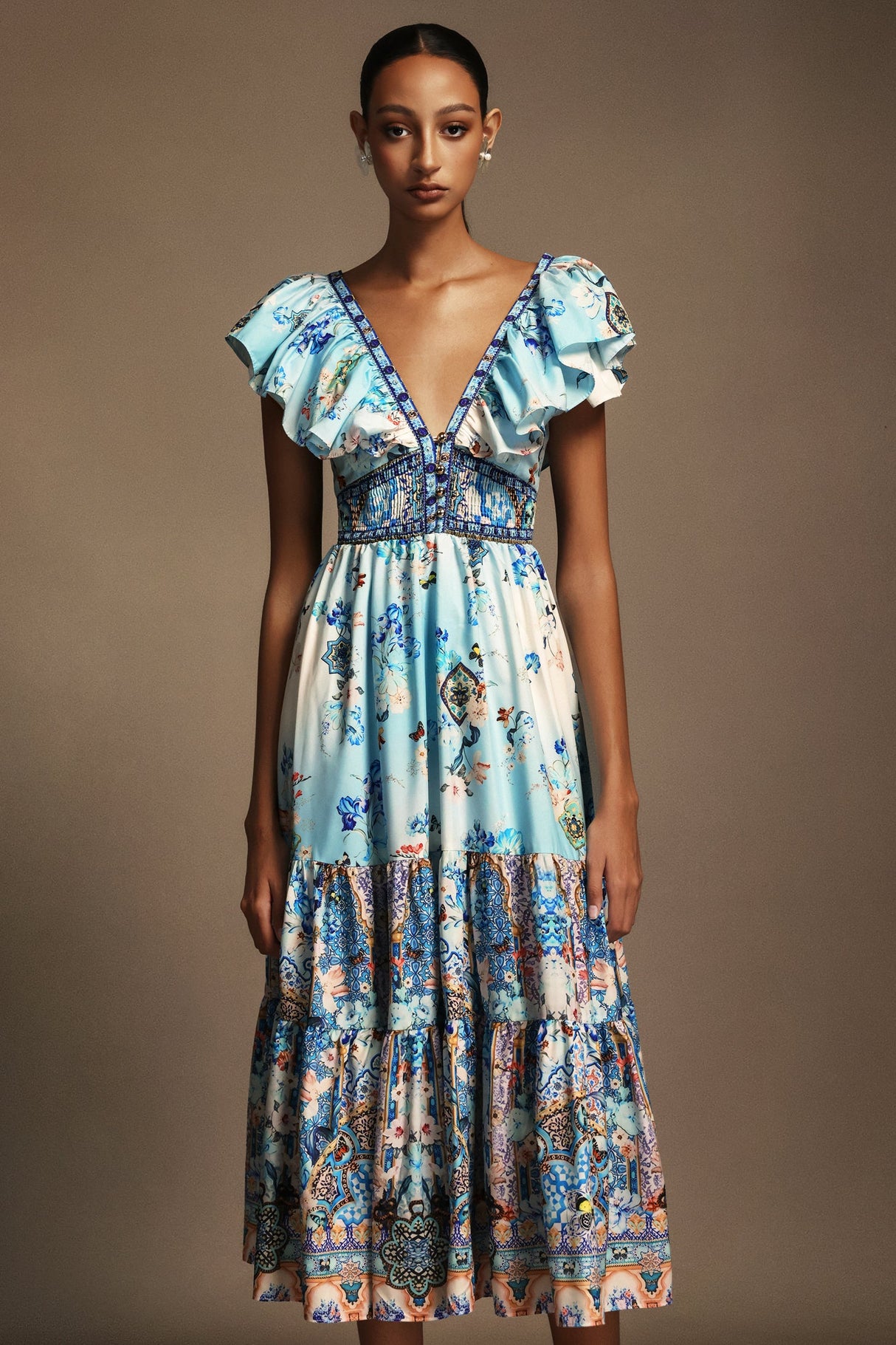 Geraldina Light Blue Floral Print V-Neck Backless Dress
