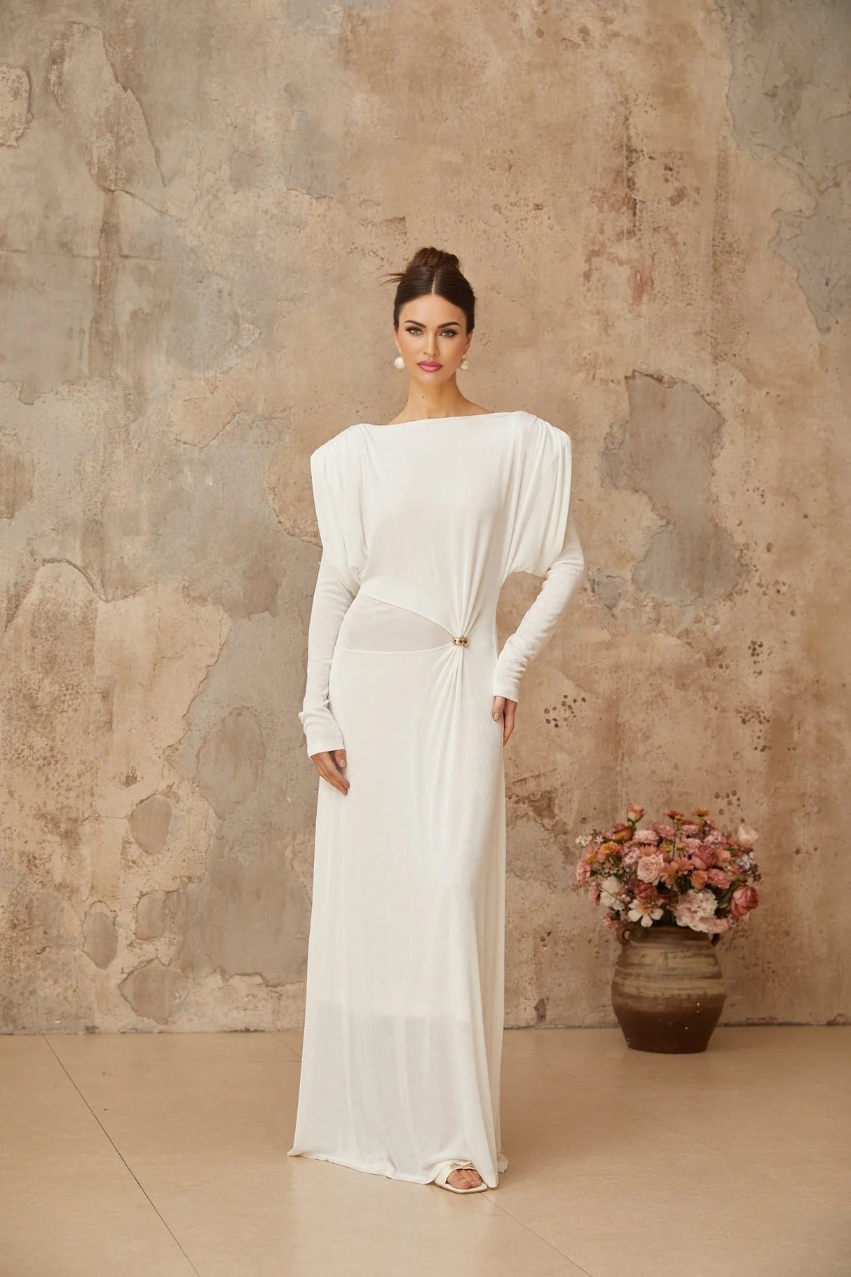 Geraldina Maxi Dress White Draped Shirred & Gold - Tone Hardware