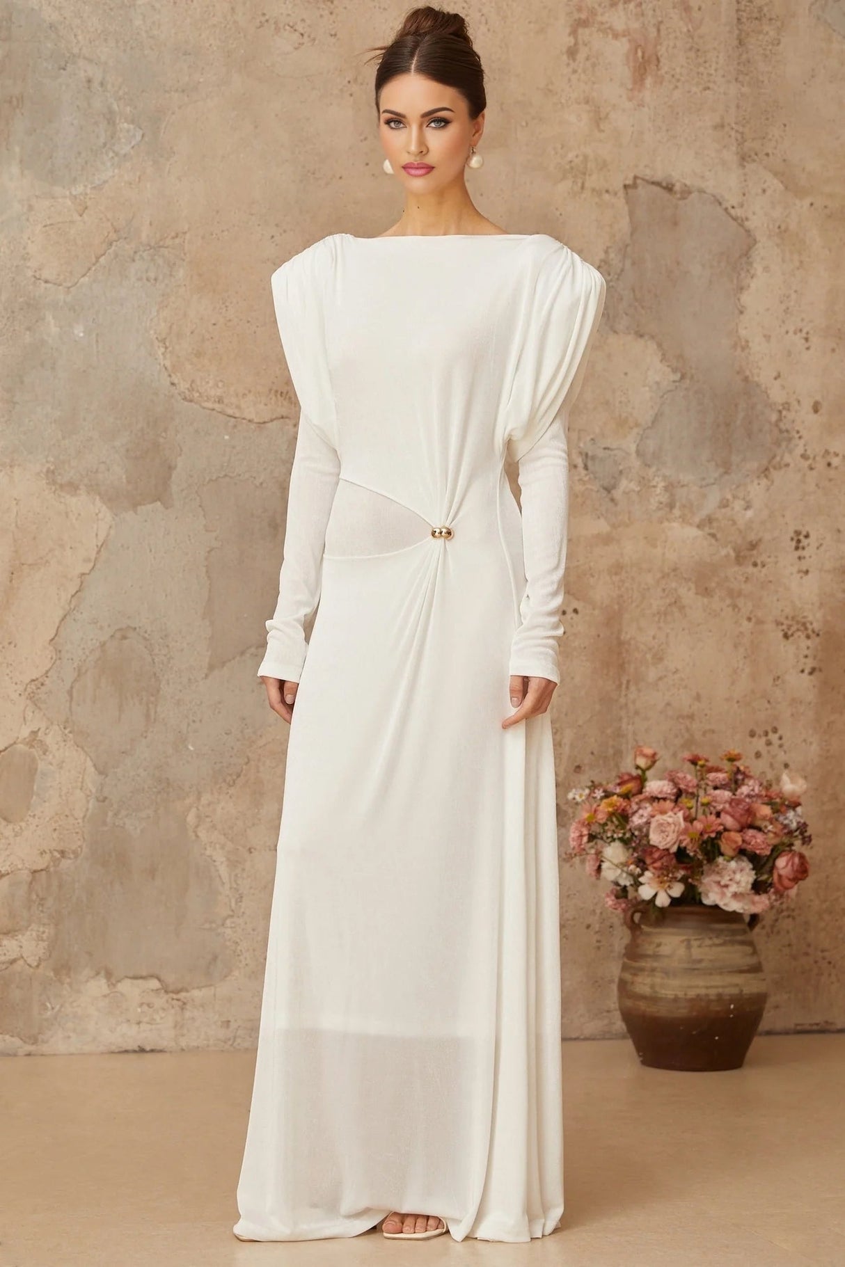 Geraldina Maxi Dress White Draped Shirred & Gold - Tone Hardware