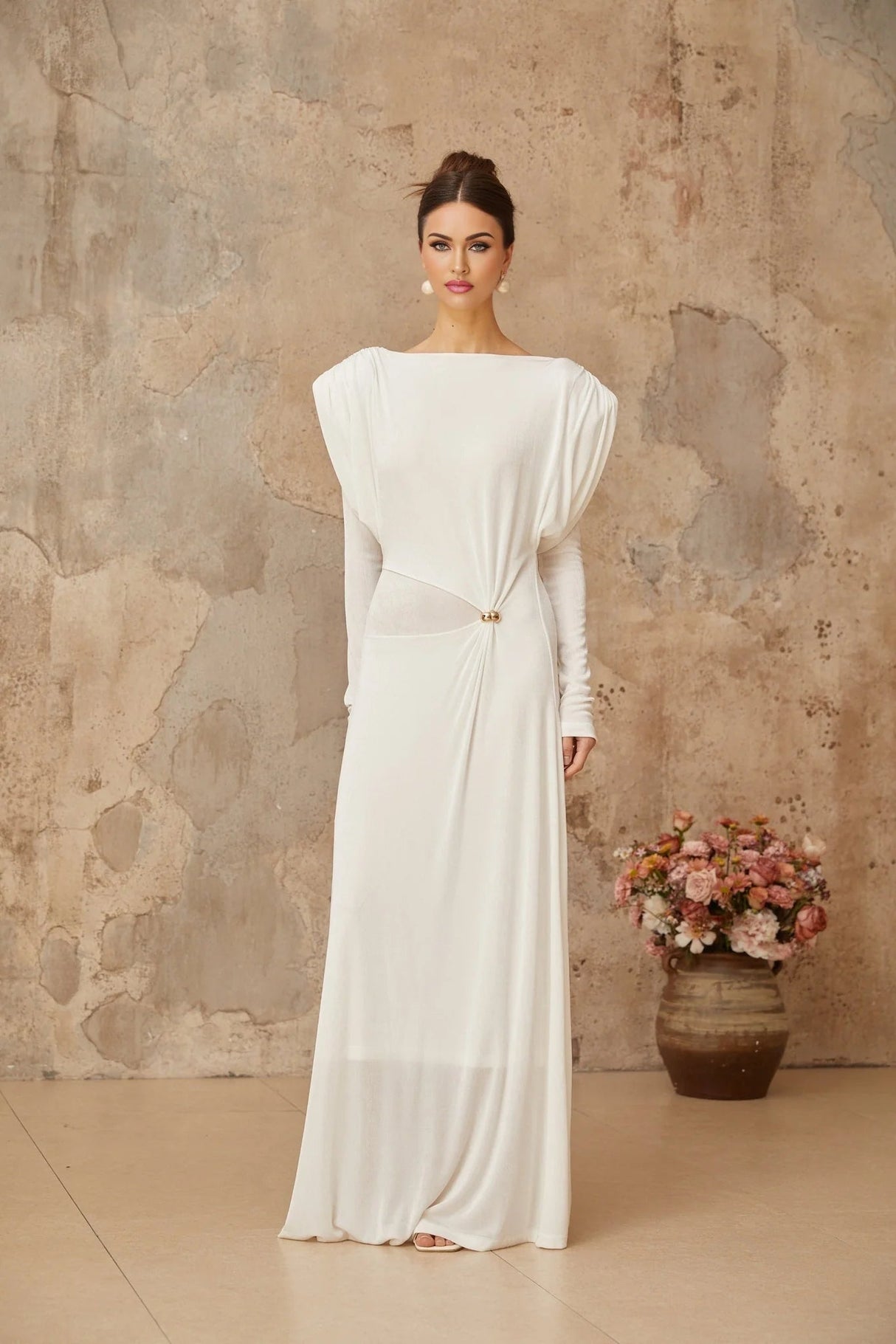 Geraldina Maxi Dress White Draped Shirred & Gold - Tone Hardware