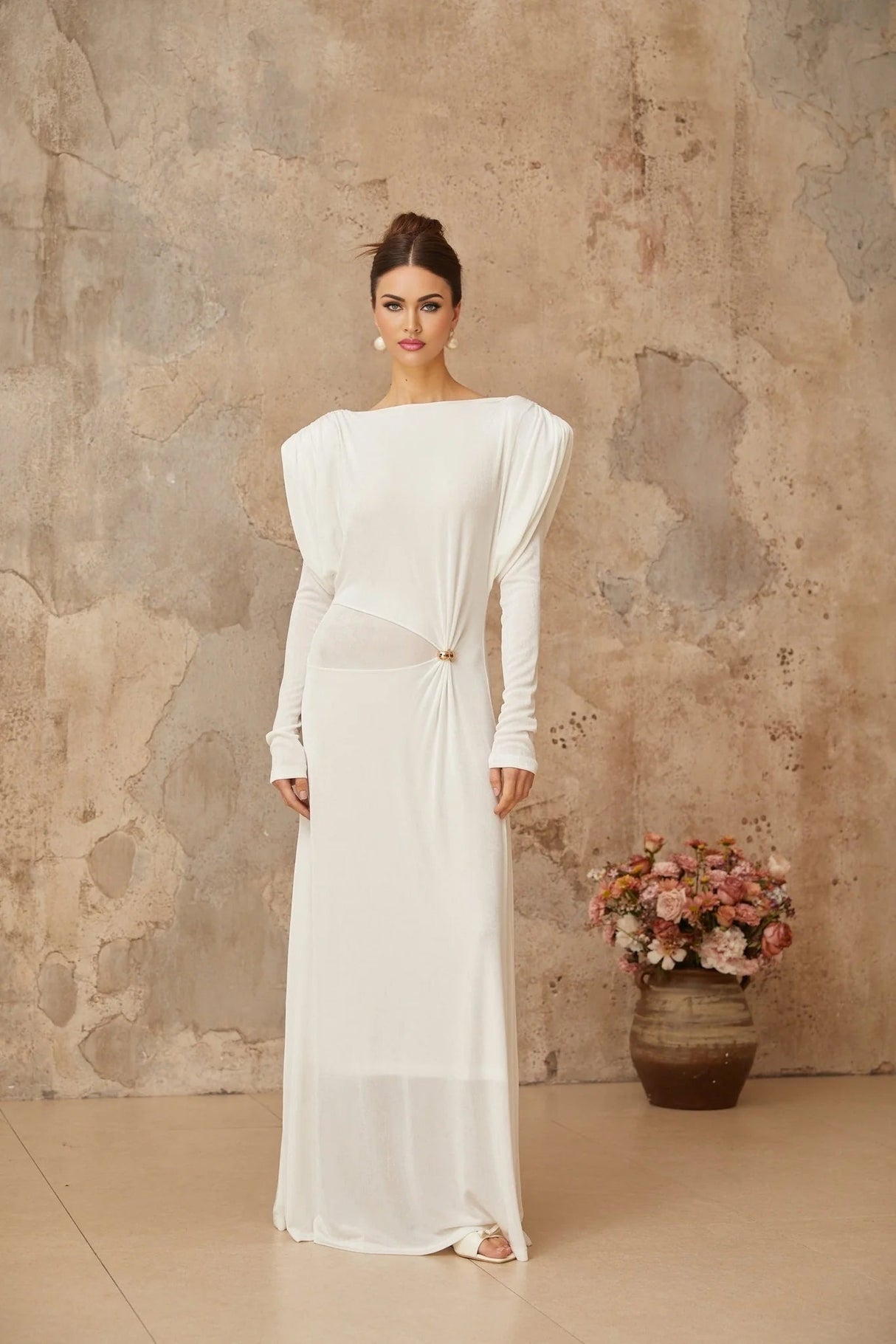 Geraldina Maxi Dress White Draped Shirred & Gold - Tone Hardware