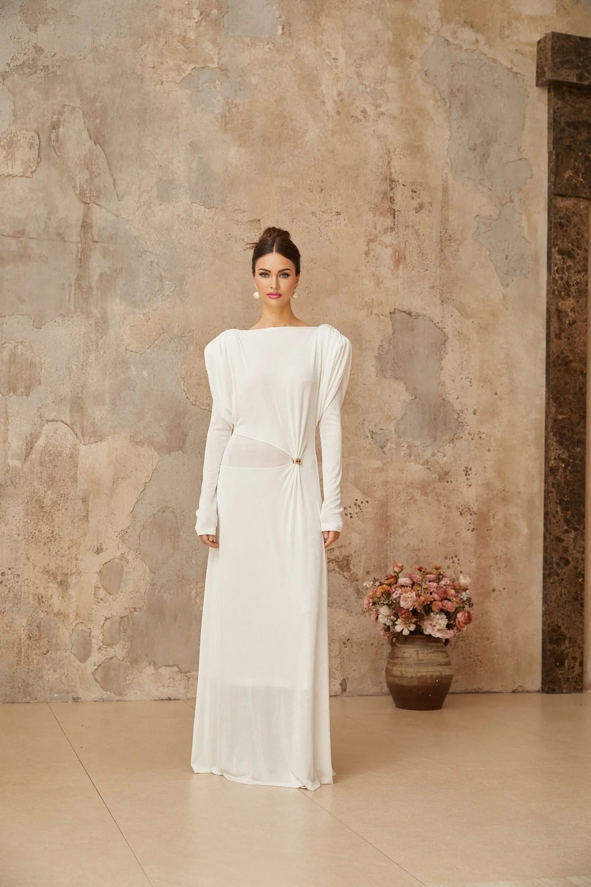 Geraldina Maxi Dress White Draped Shirred & Gold - Tone Hardware