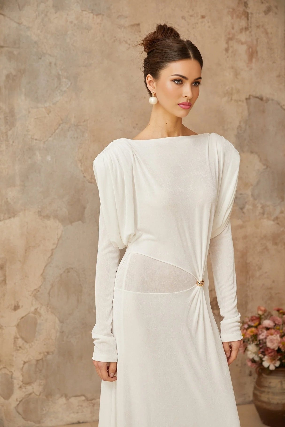 Geraldina Maxi Dress White Draped Shirred & Gold - Tone Hardware