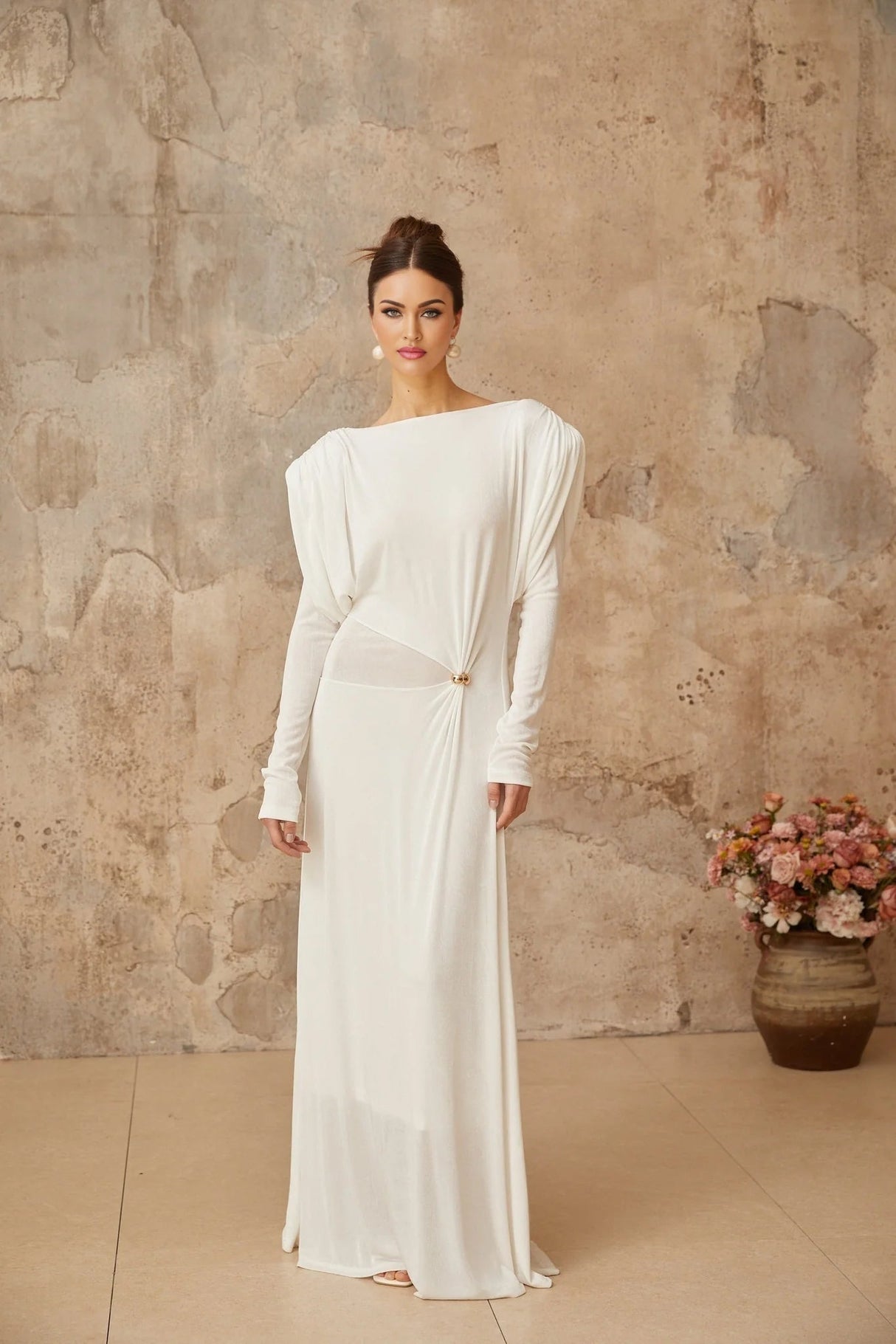 Geraldina Maxi Dress White Draped Shirred & Gold - Tone Hardware
