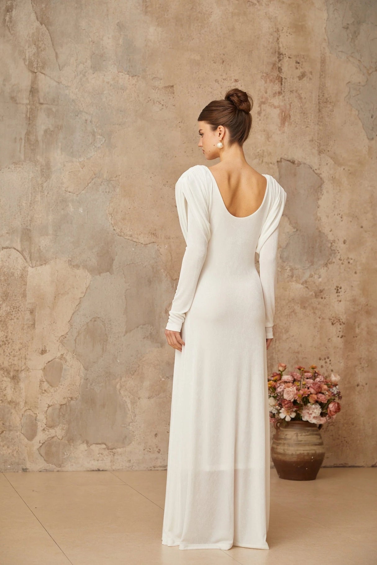Geraldina Maxi Dress White Draped Shirred & Gold - Tone Hardware