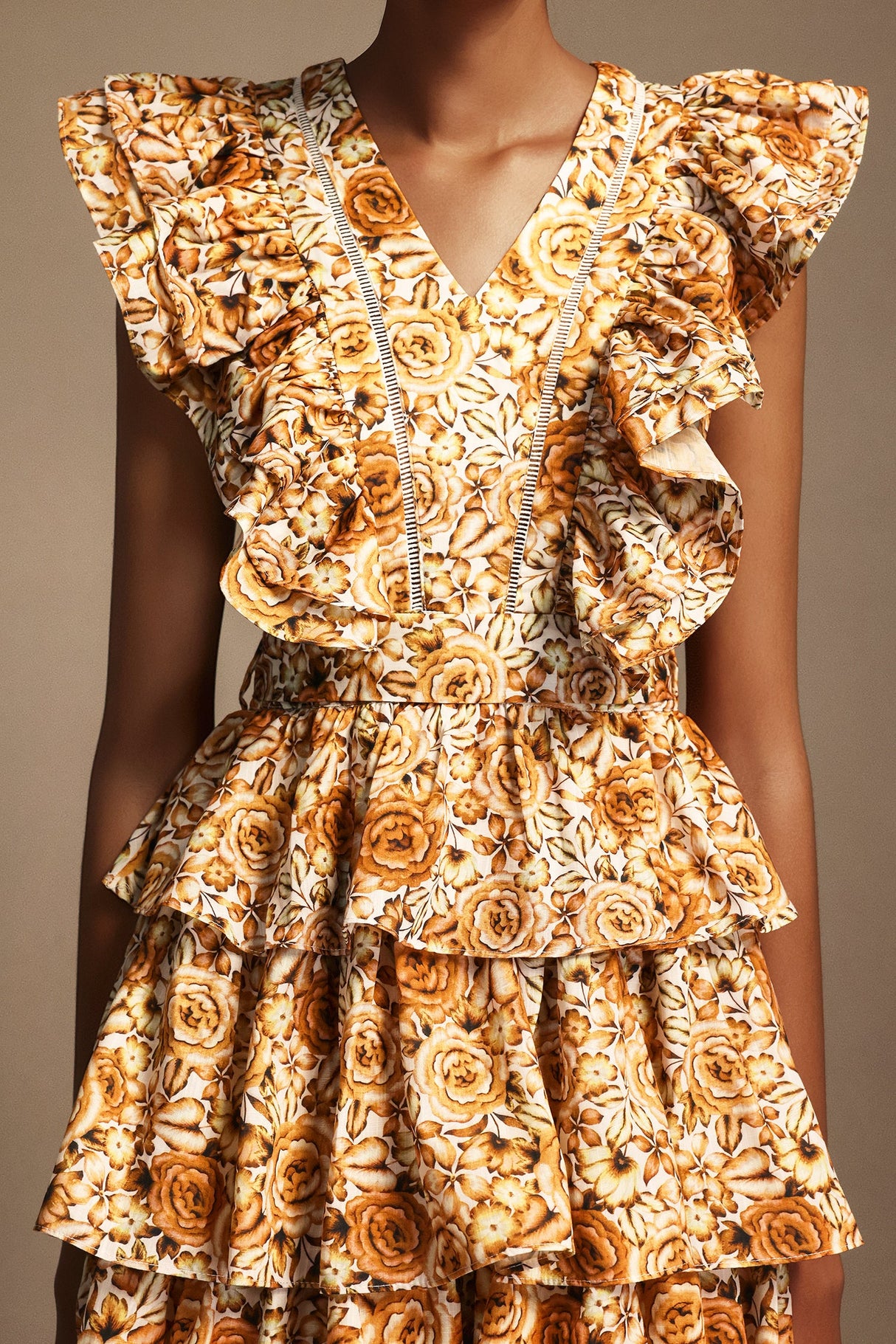 Geraldina Orange Floral Print Layered Folds Ruffled Neckline Flowy Hemline Fit Feel Dress