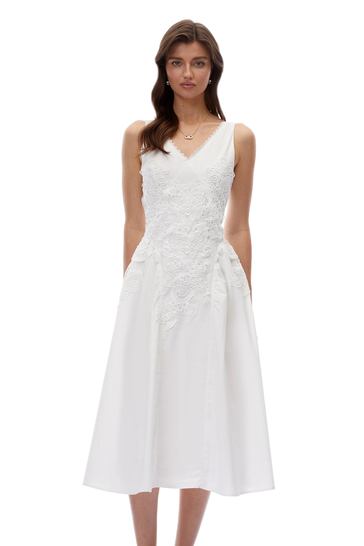 Gertrude White VNeck Lace Midi Dress