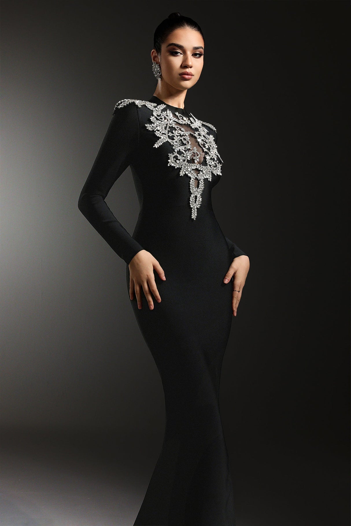 Giacomina Black Maxi Dress with Shimmering Embellishments and Slit for Evening Events or Formal Gatherings
