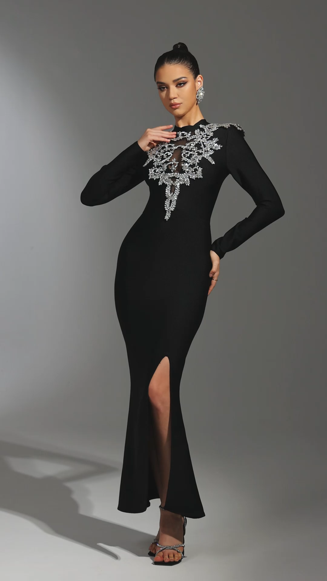 Giacomina Black Maxi Dress with Shimmering Embellishments and Slit Detail