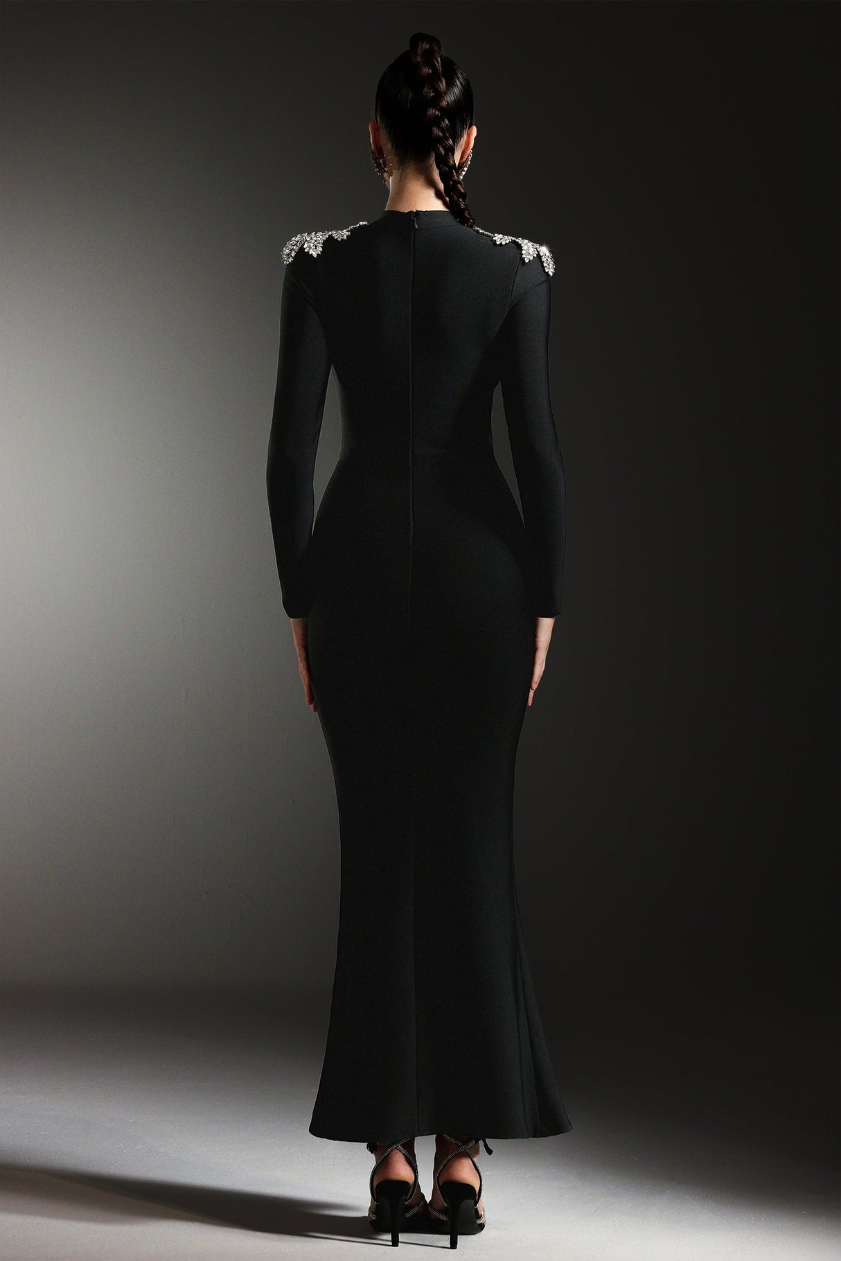 Giacomina Black Maxi Dress with Shimmering Embellishments and Leg Slit for Formal Events