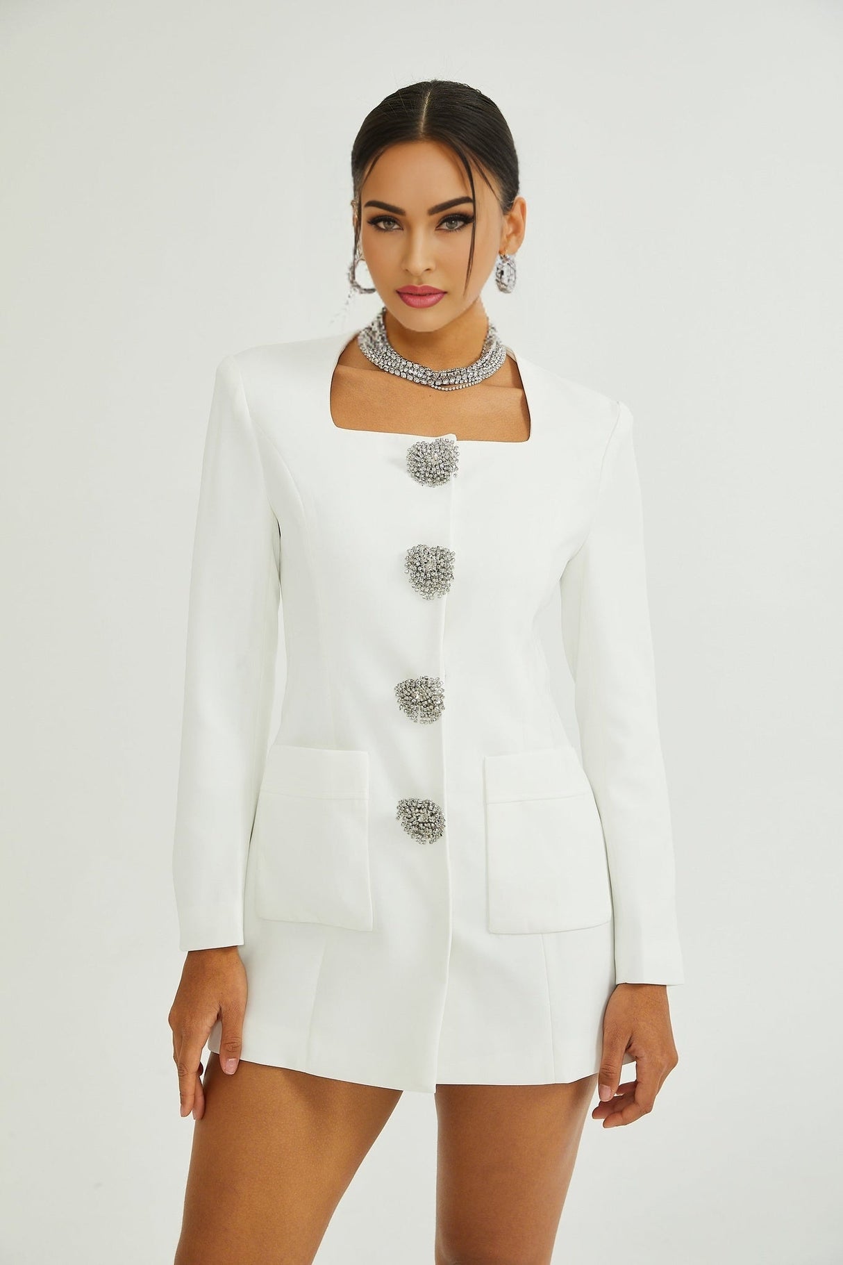 Giacomina Mini Dress - Front Button Detailing - Long Sleeves - Square Neck - Press - Stud Fastening