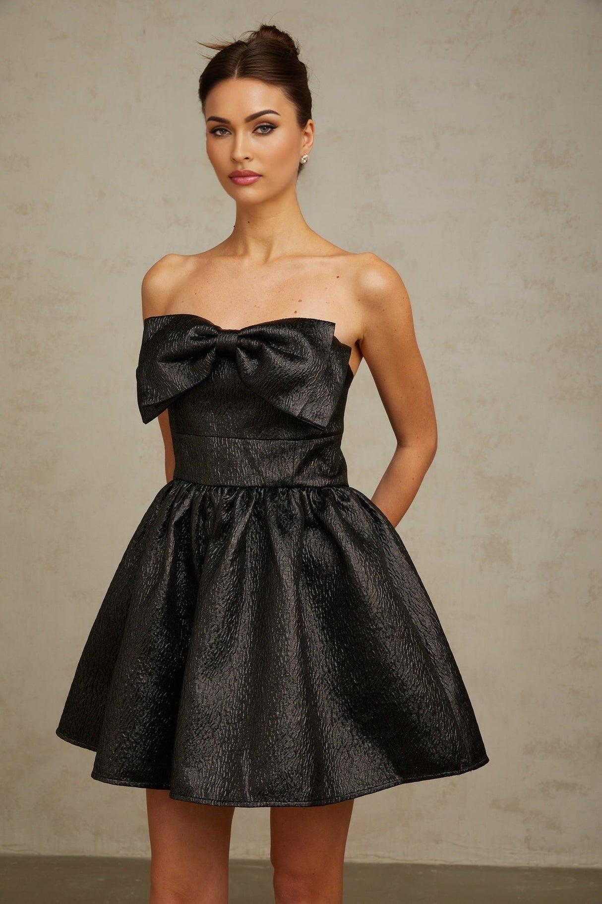 Giacomina Mini Dress - Metallic Effect - Off the Shoulder - Bow & Pleated Detailing - Puff Skirt - Side Pockets