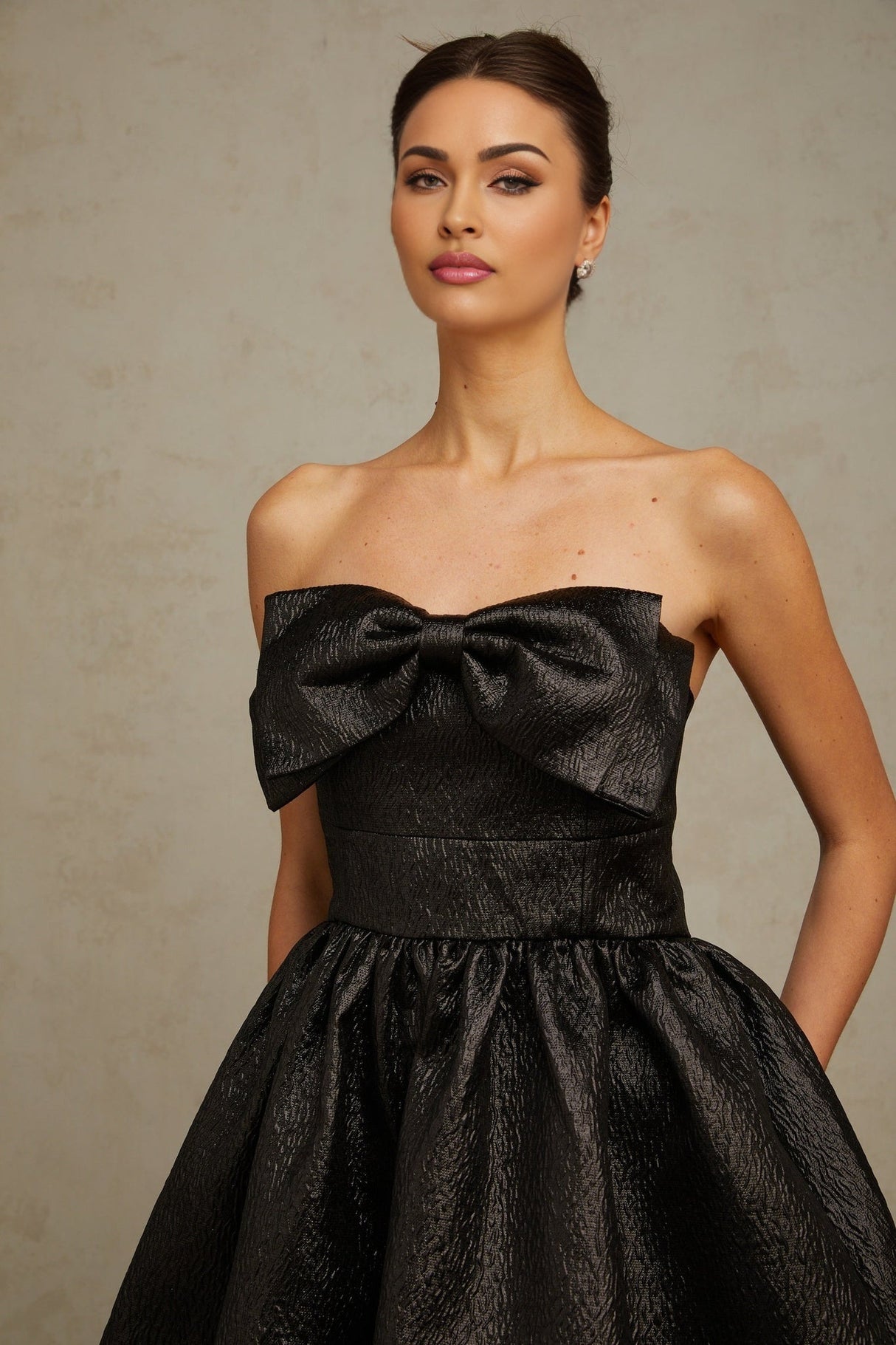 Giacomina Mini Dress - Metallic Effect - Off the Shoulder - Bow & Pleated Detailing - Puff Skirt - Side Pockets