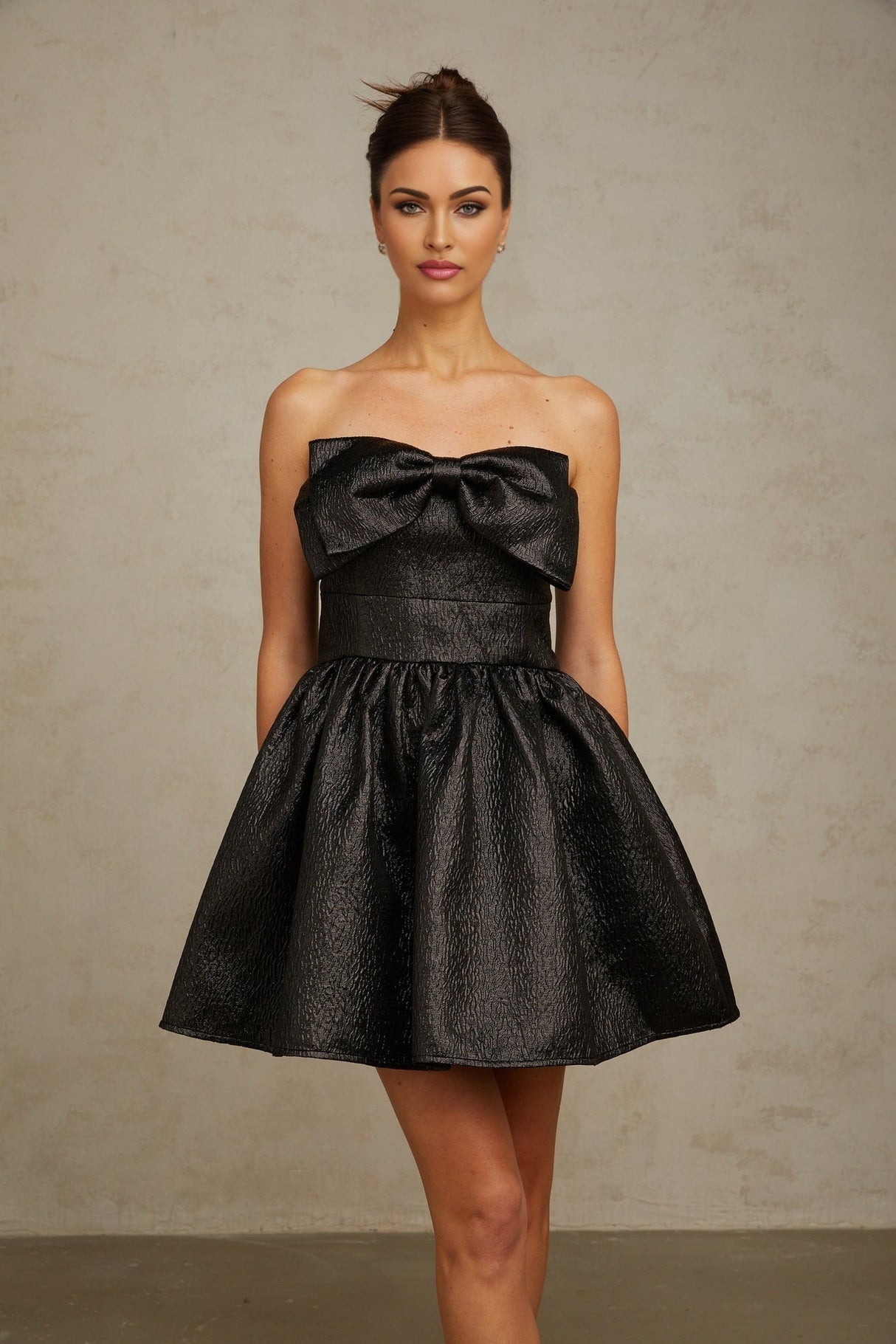 Giacomina Mini Dress - Metallic Effect - Off the Shoulder - Bow & Pleated Detailing - Puff Skirt - Side Pockets
