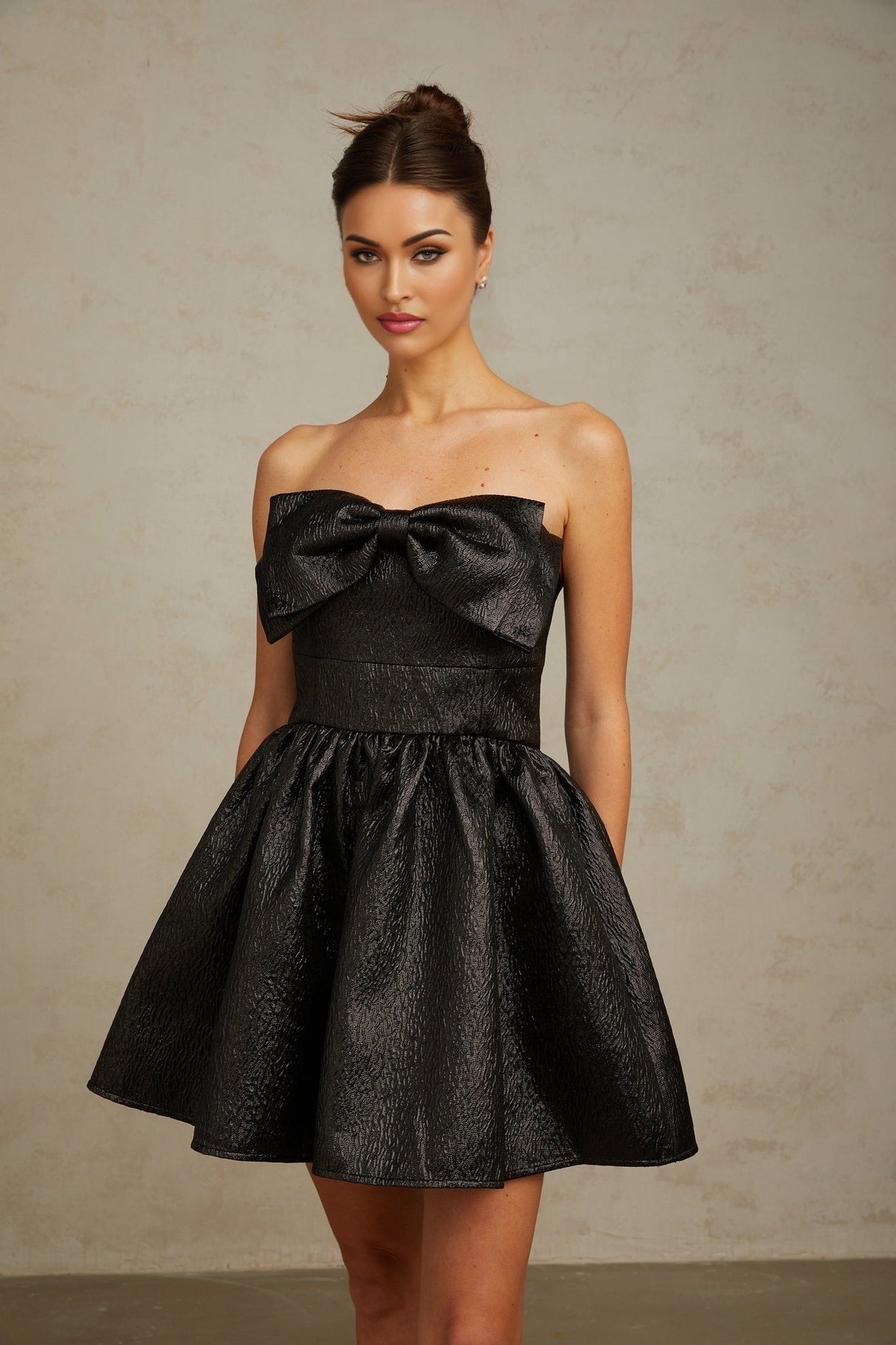 Giacomina Mini Dress - Metallic Effect - Off the Shoulder - Bow & Pleated Detailing - Puff Skirt - Side Pockets