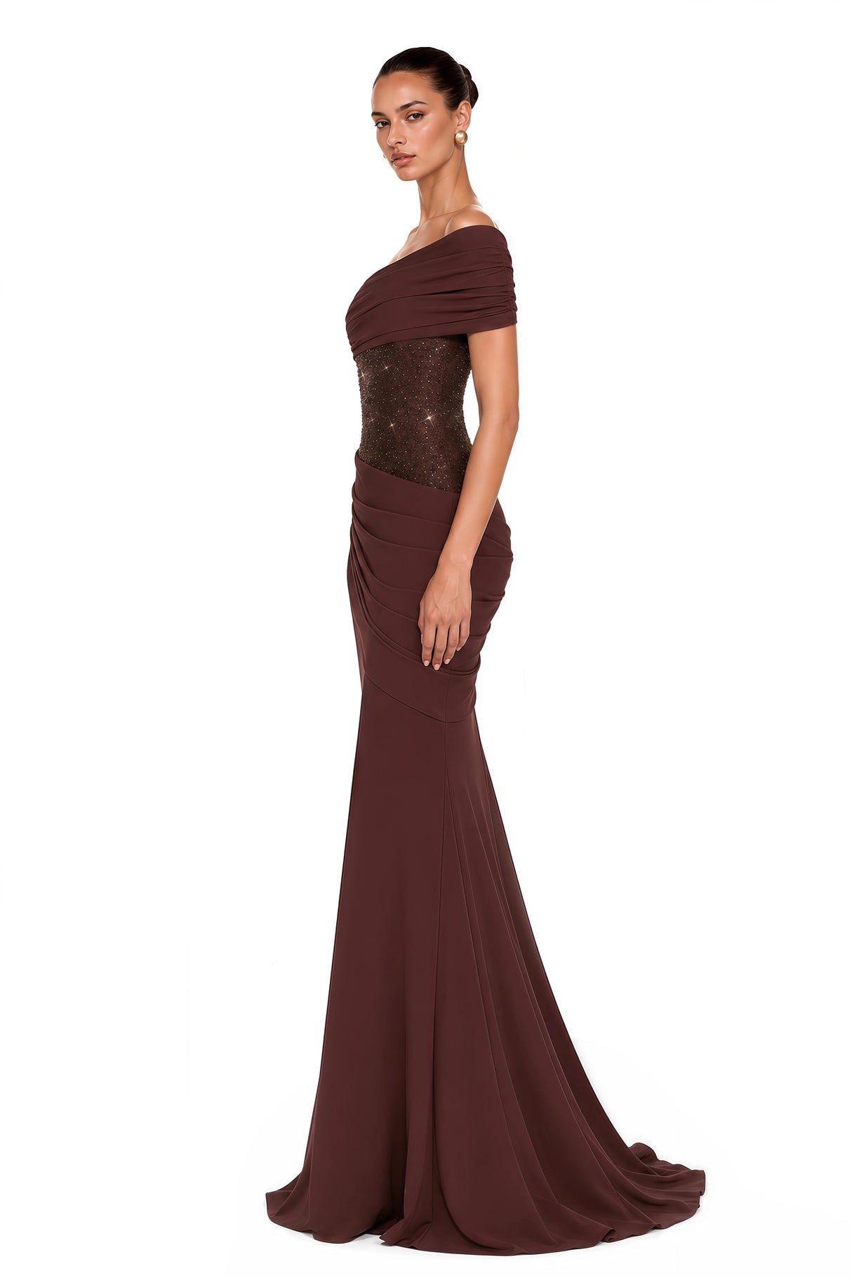 Giada Brown Sequined Asymmetrical Ruched Maxi Gown