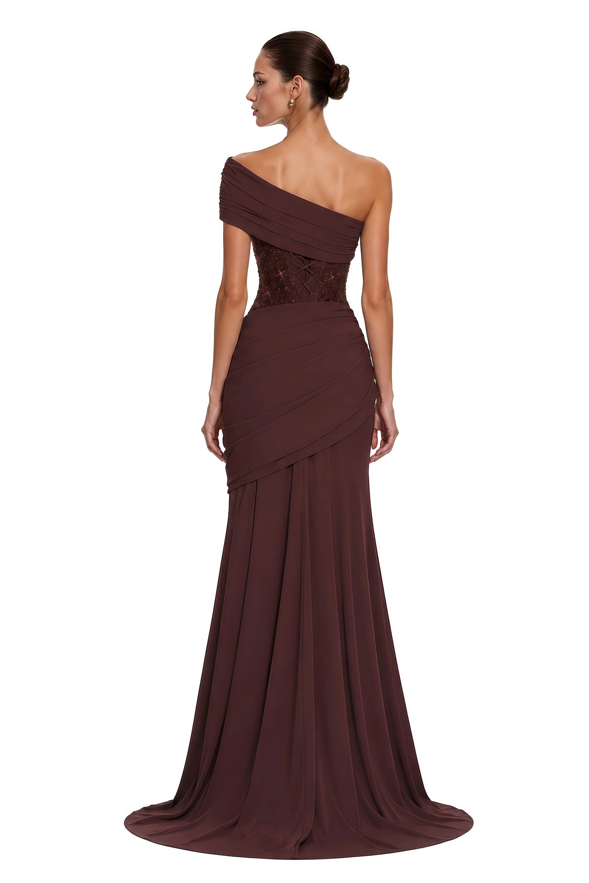 Giada Brown Sequined Asymmetrical Ruched Maxi Gown
