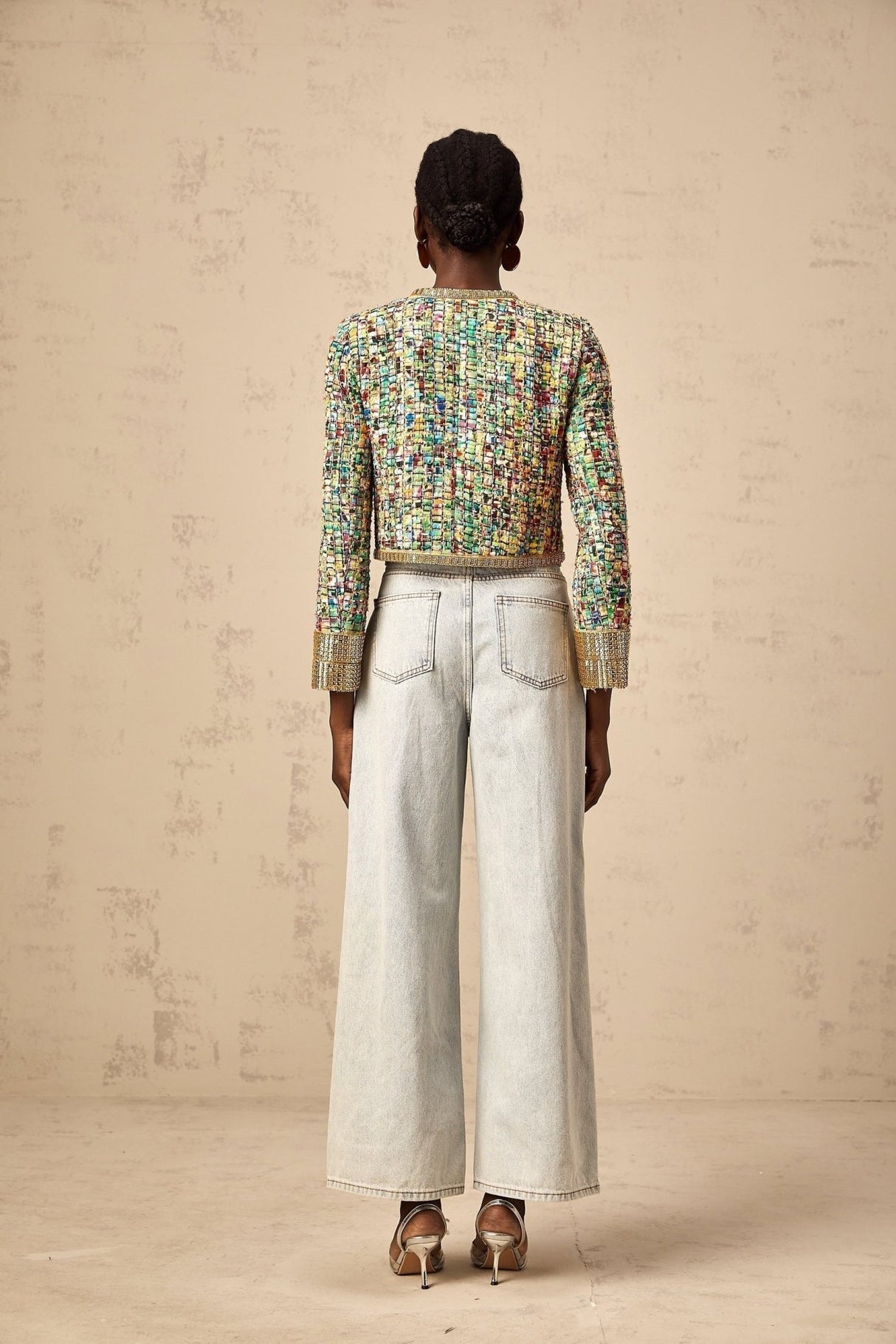 Giada Jacket - Collarless Tweed Check Sequin Crystal Embellished Buttons