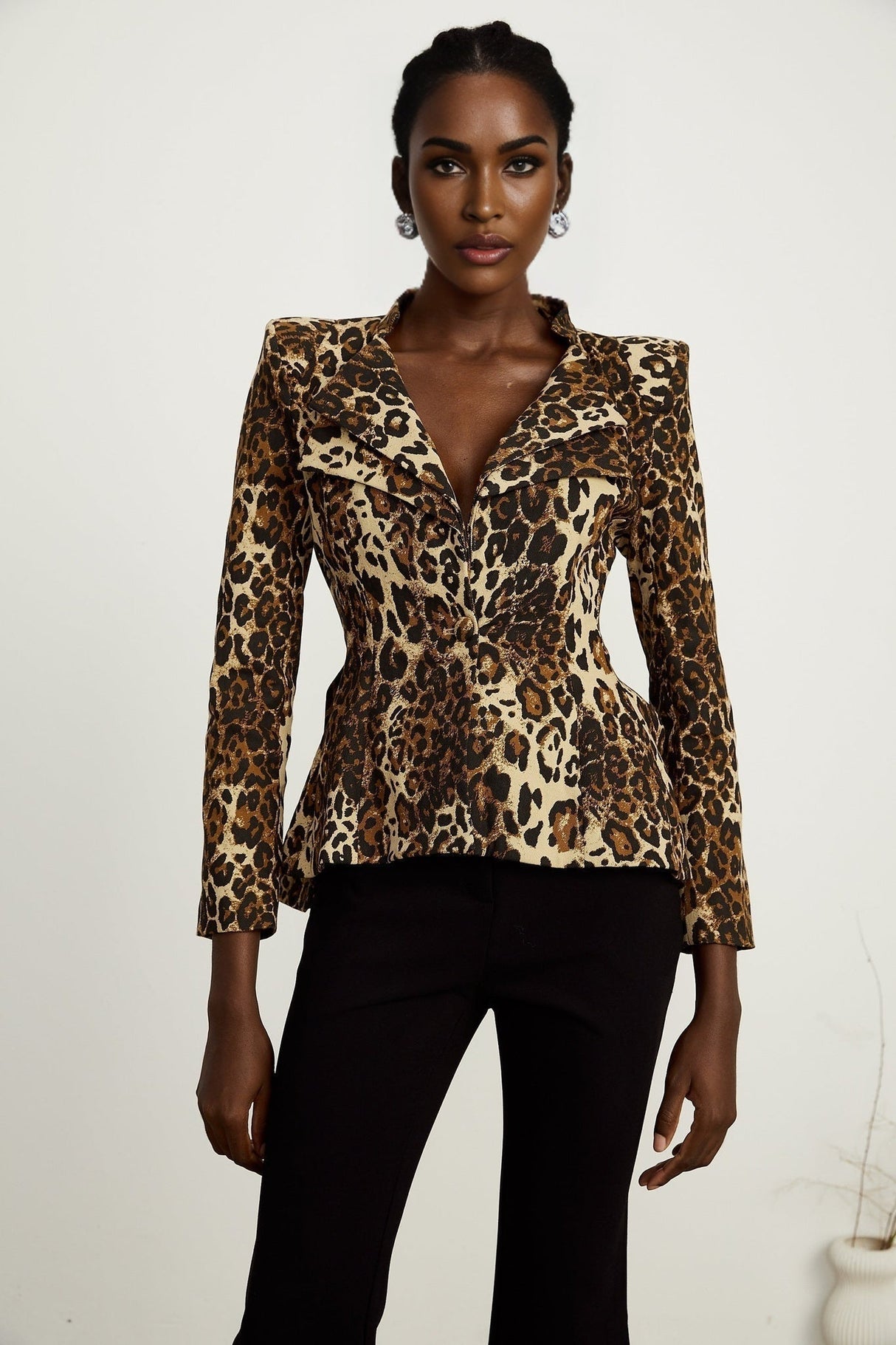 Giada Jacket - Long Sleeves - Shoulder Pads - Double Collar - Leopard