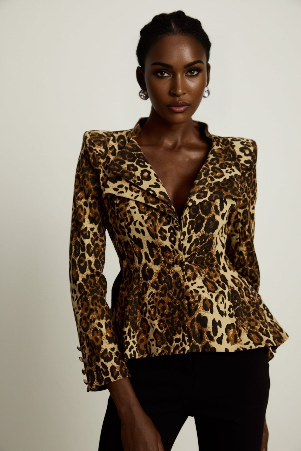 Giada Jacket - Long Sleeves - Shoulder Pads - Double Collar - Leopard