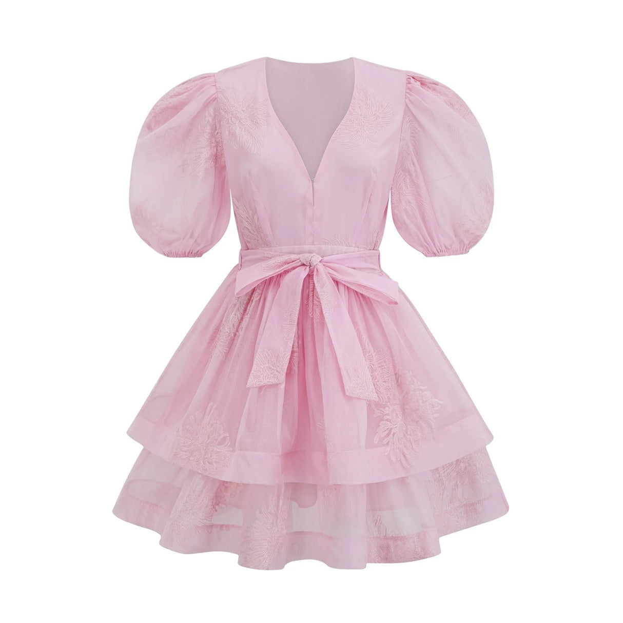 Giada Mini Dress Pink Embroidered Layered & Ruched