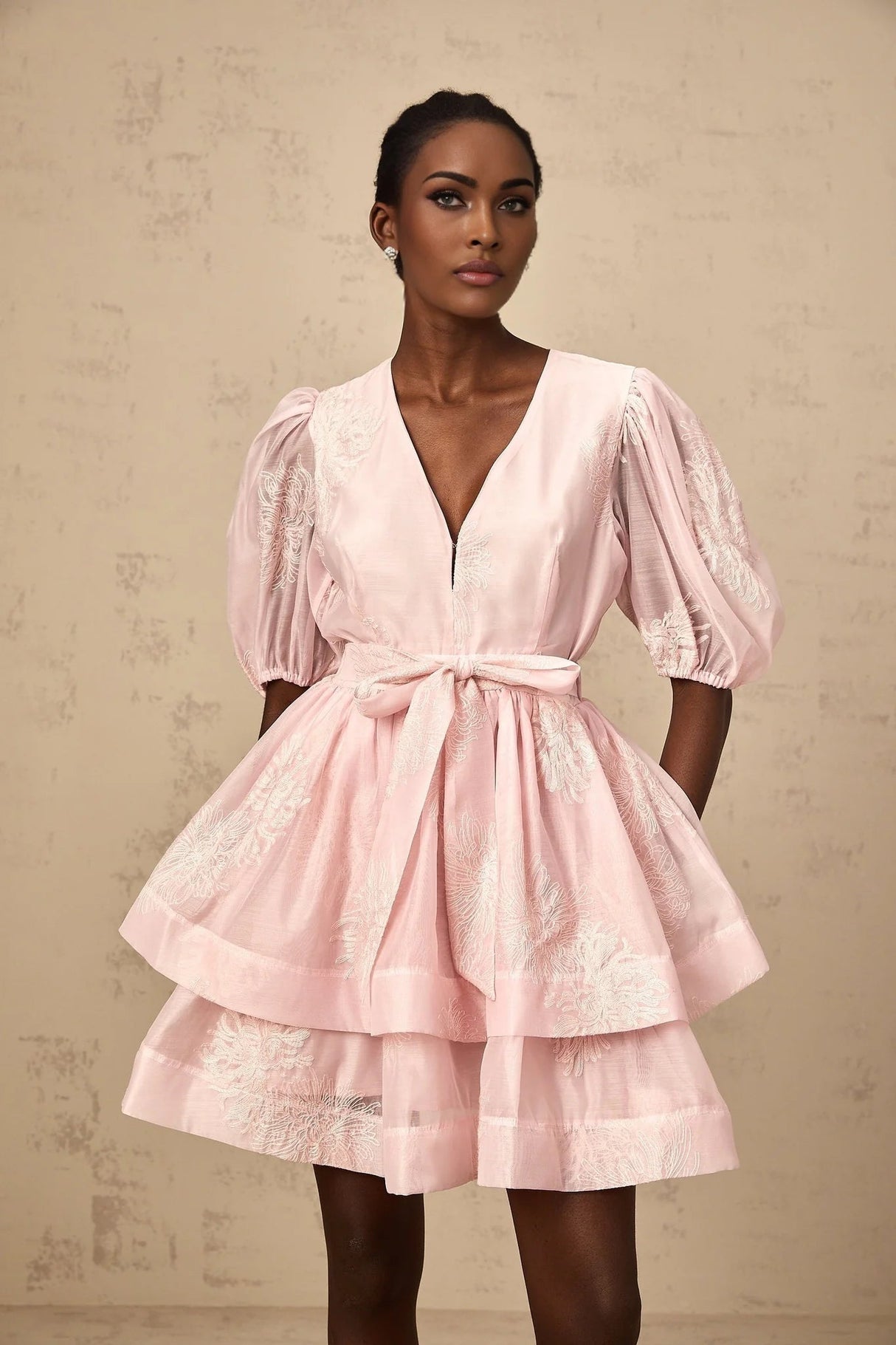 Giada Mini Dress Pink Embroidered Layered & Ruched