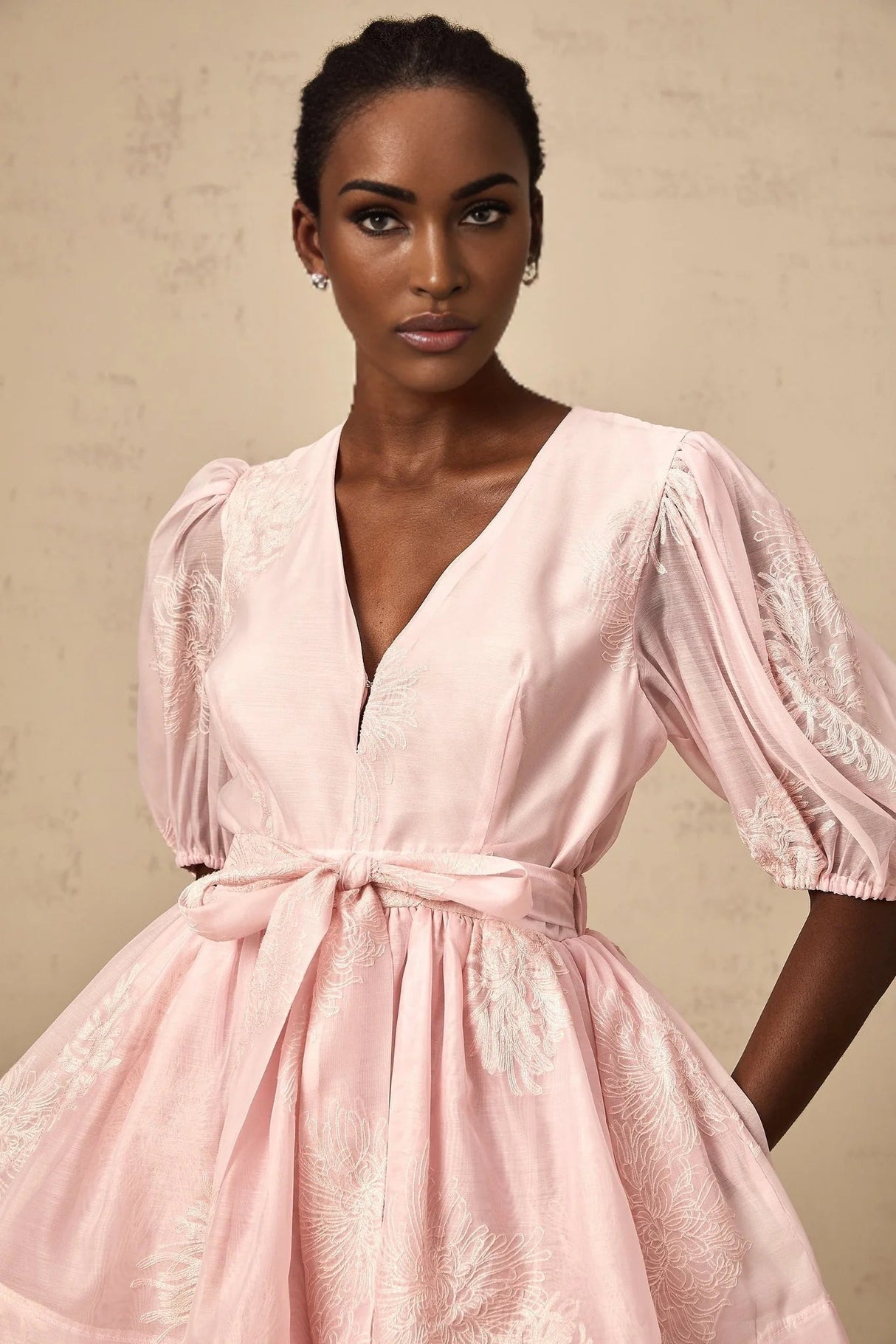 Giada Mini Dress Pink Embroidered Layered & Ruched