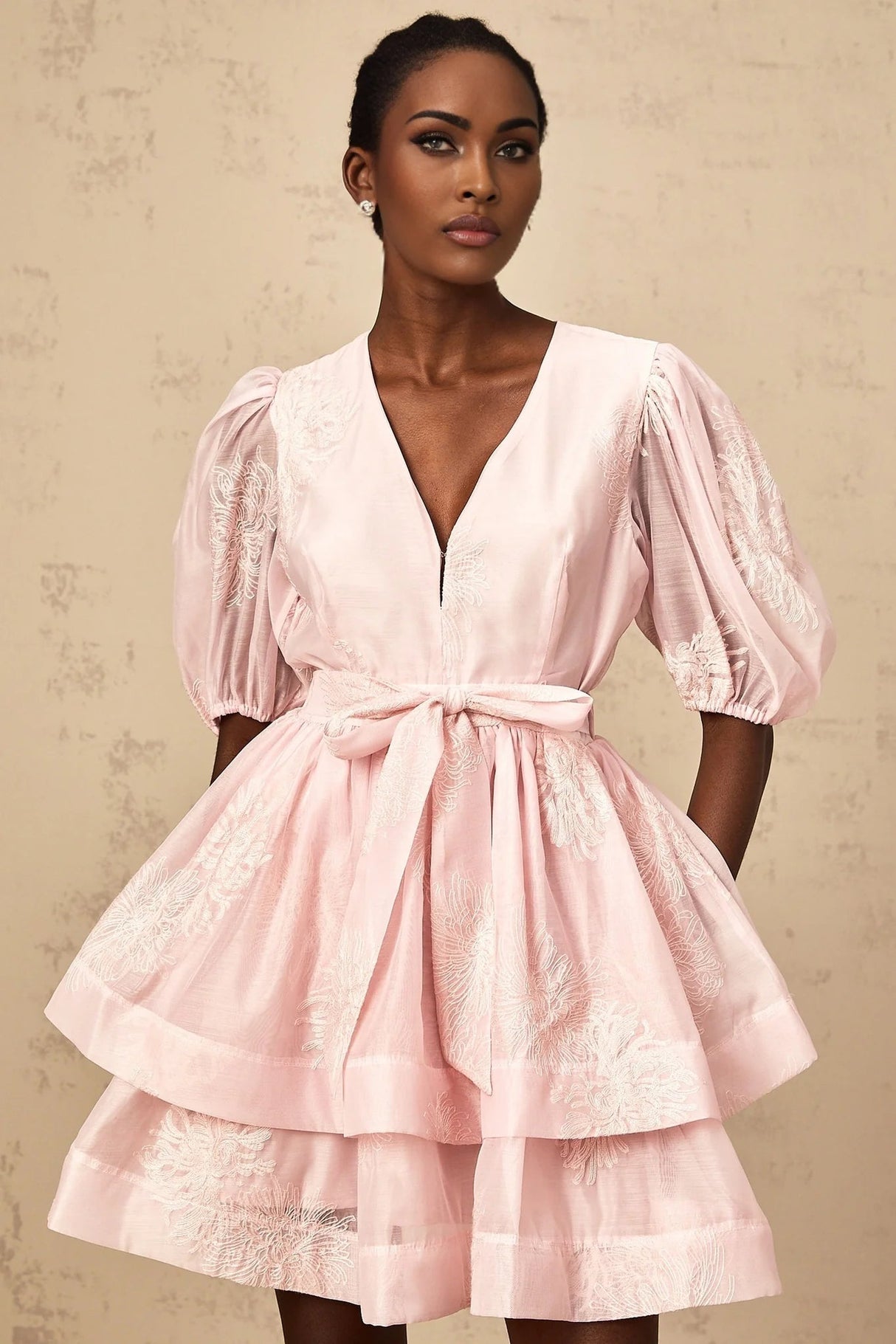 Giada Mini Dress Pink Embroidered Layered & Ruched