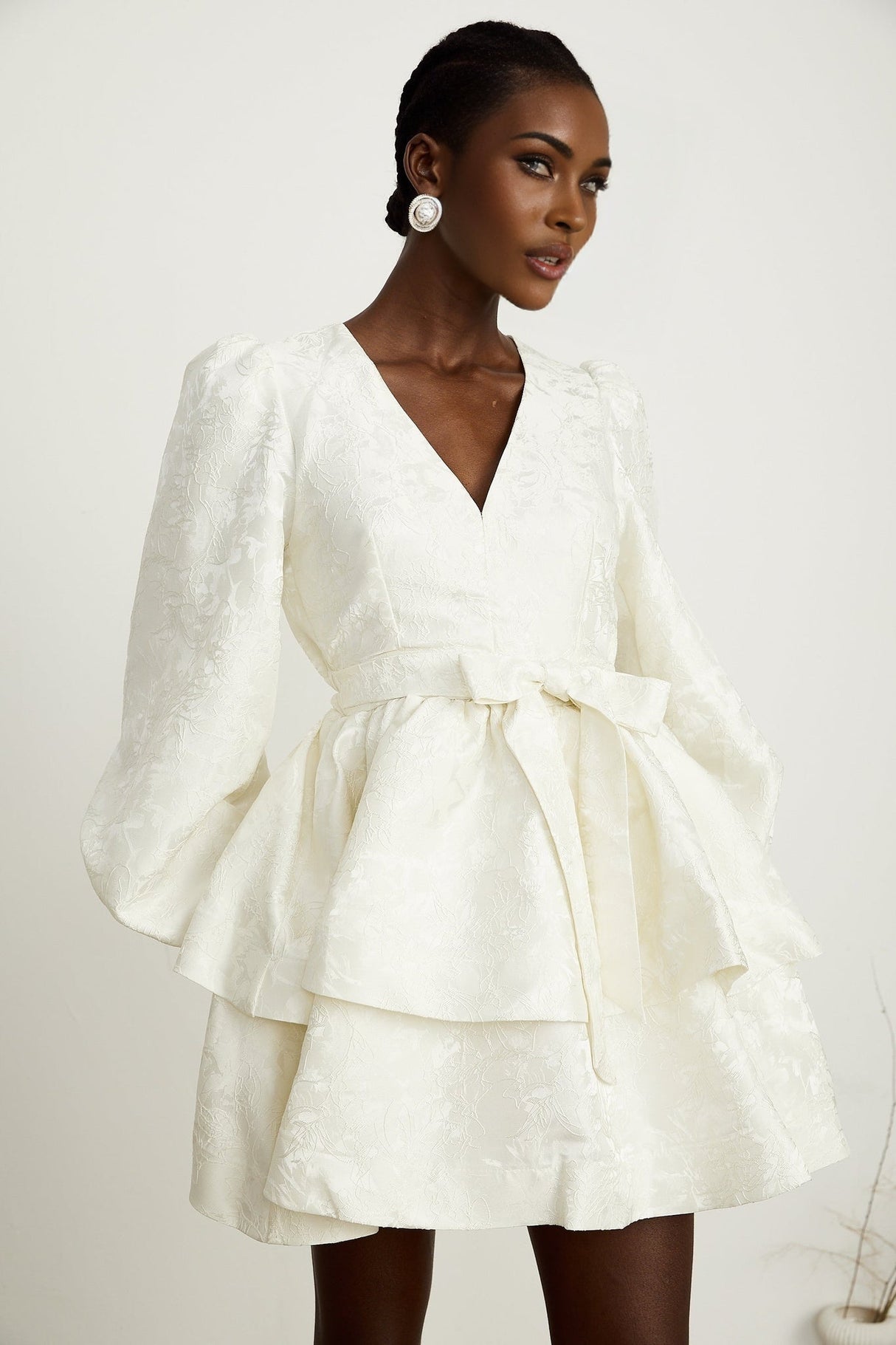 Giada Mini Dress - V Neck - Tiered Design - Elasticated Cuffs - Jacquard Pattern - Flared Skirt