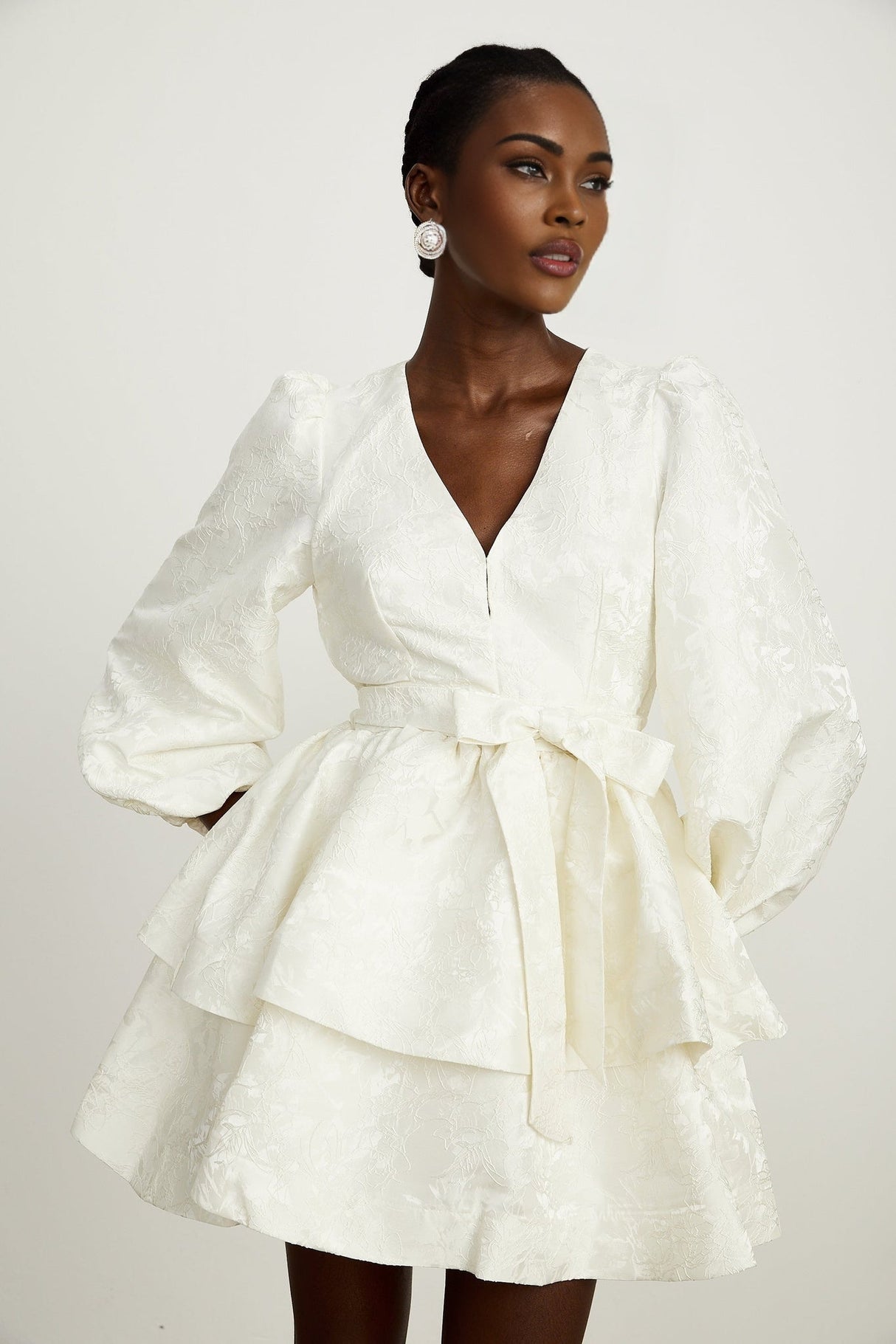 Giada Mini Dress - V Neck - Tiered Design - Elasticated Cuffs - Jacquard Pattern - Flared Skirt