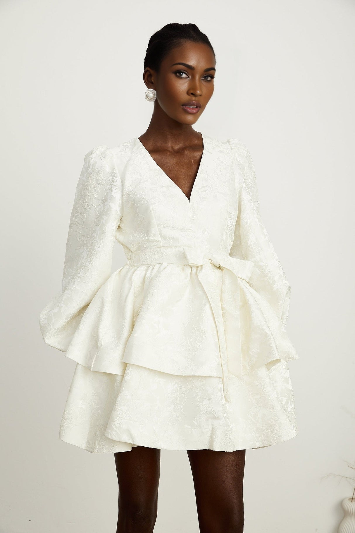 Giada Mini Dress - V Neck - Tiered Design - Elasticated Cuffs - Jacquard Pattern - Flared Skirt