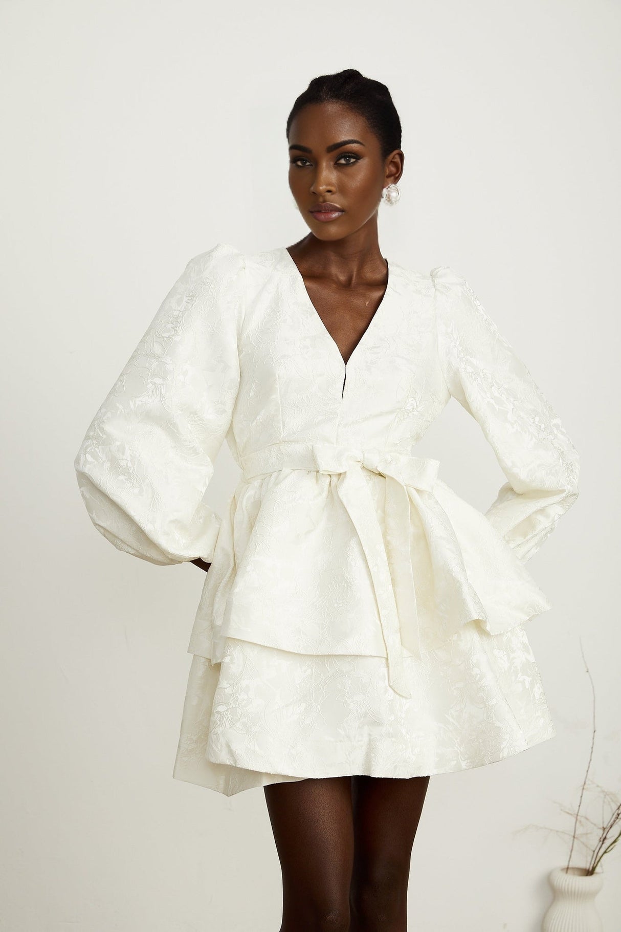 Giada Mini Dress - V Neck - Tiered Design - Elasticated Cuffs - Jacquard Pattern - Flared Skirt