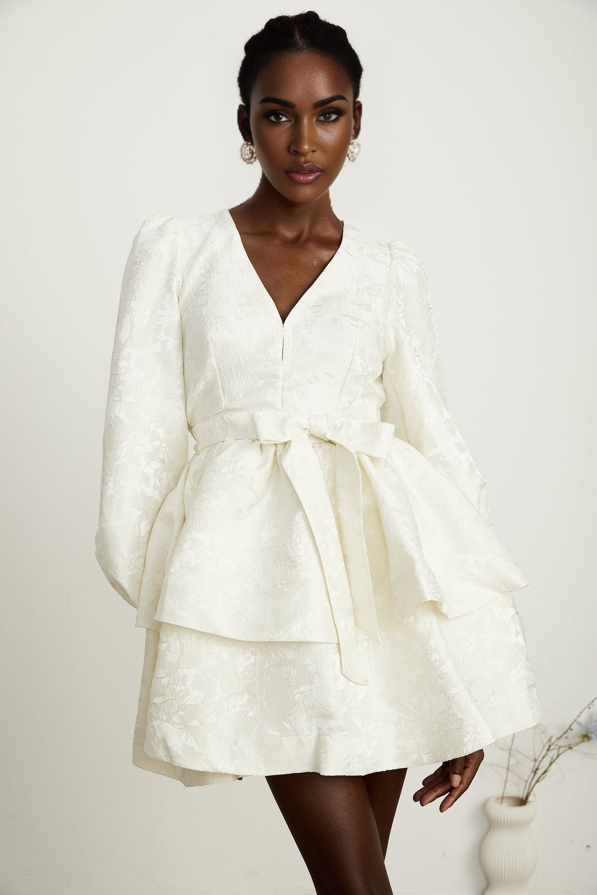 Giada Mini Dress - V Neck - Tiered Design - Elasticated Cuffs - Jacquard Pattern - Flared Skirt